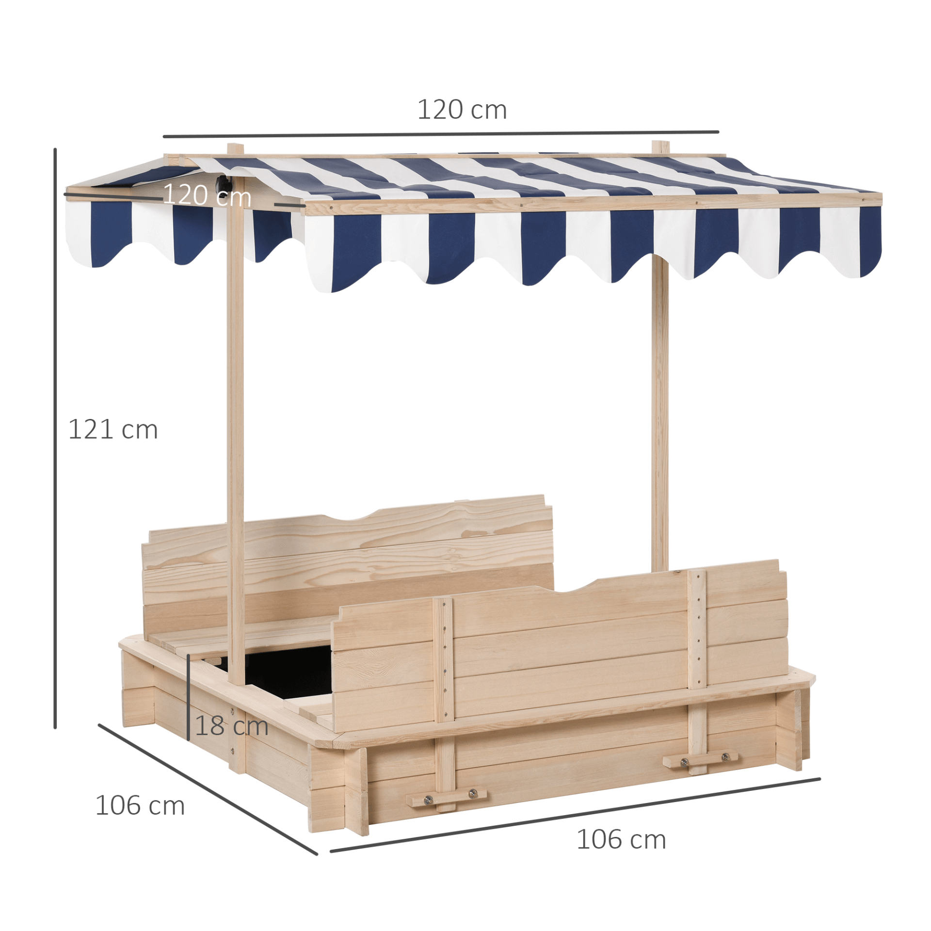 Outsunny Kids Wooden Sand Pit with Canopy & Benches, Enjoy safe outdoor playtime with our adjustable canopy sand pit, featuring sturdy benches and a durable wood frame for endless fun.