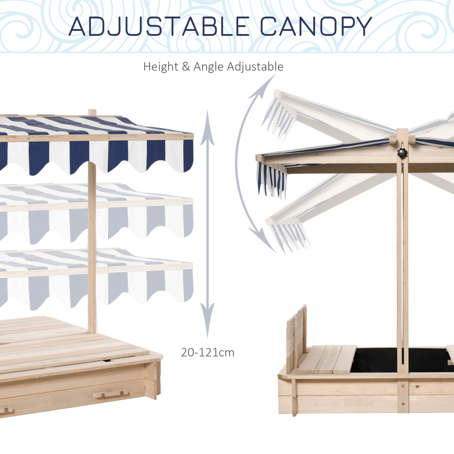 Outsunny Kids Wooden Sand Pit with Canopy & Benches, Enjoy safe outdoor playtime with our adjustable canopy sand pit, featuring sturdy benches and a durable wood frame for endless fun.