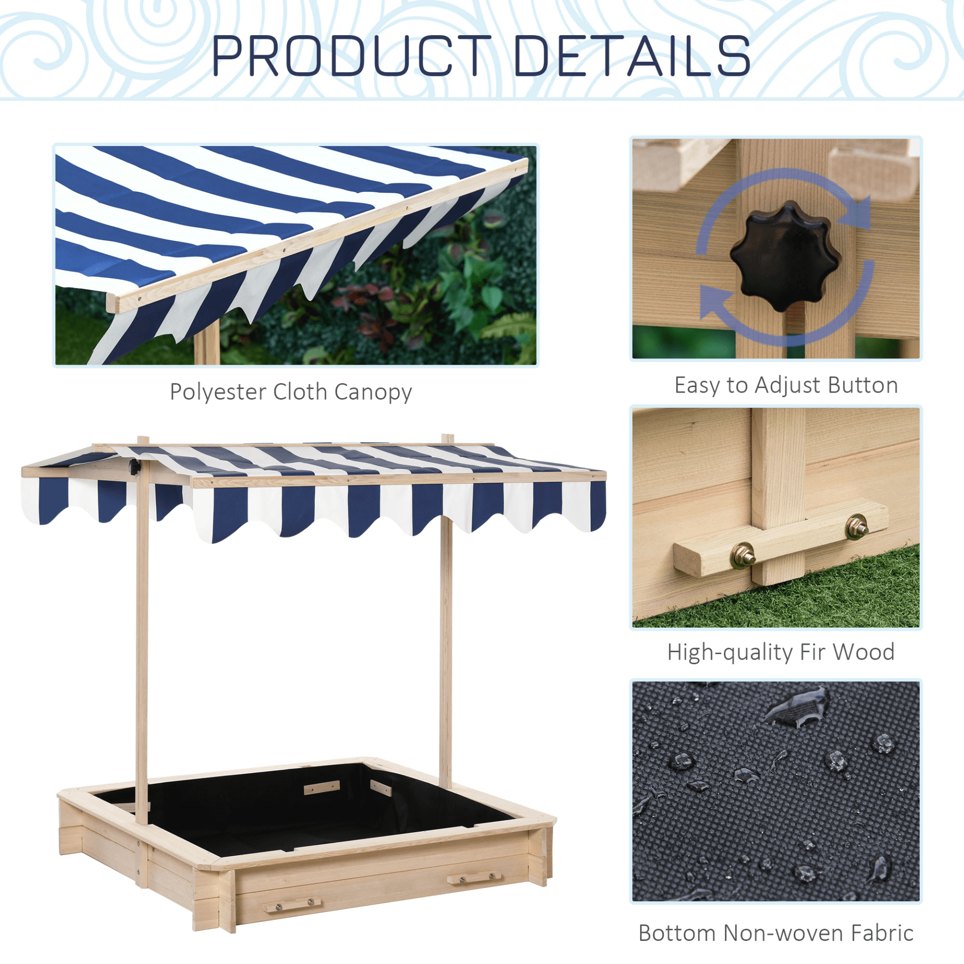 Outsunny Kids Wooden Sand Pit with Canopy & Benches, Enjoy safe outdoor playtime with our adjustable canopy sand pit, featuring sturdy benches and a durable wood frame for endless fun.