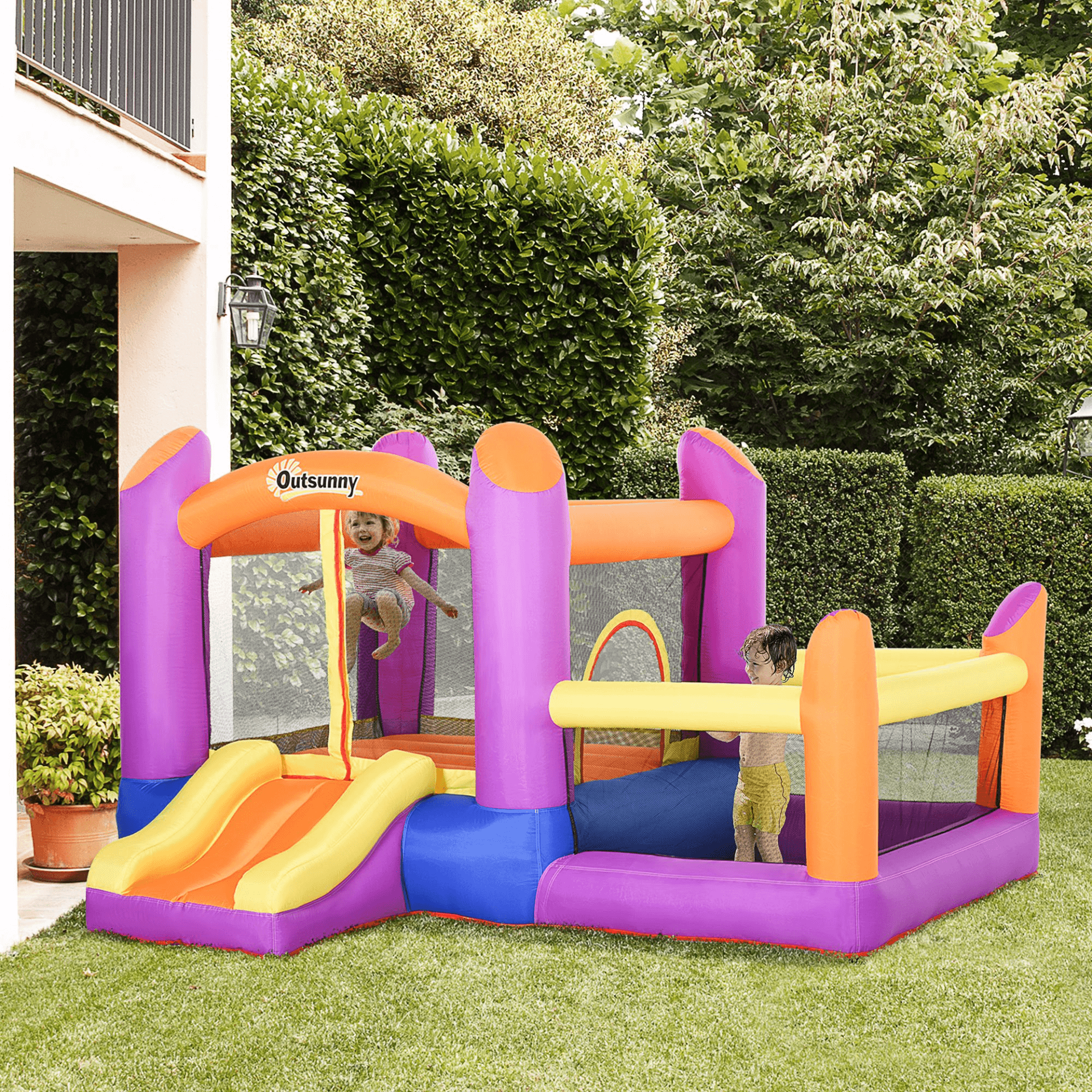 3-in-1 Kids Bounce Castle House | Quick Inflation & Durable, Inflatable Kids Bounce Castle with Trampoline, Slide & Water Pool. Quick setup in 2 mins. Safe, durable design with 6 ground stakes. Perfect for ages 3-8.