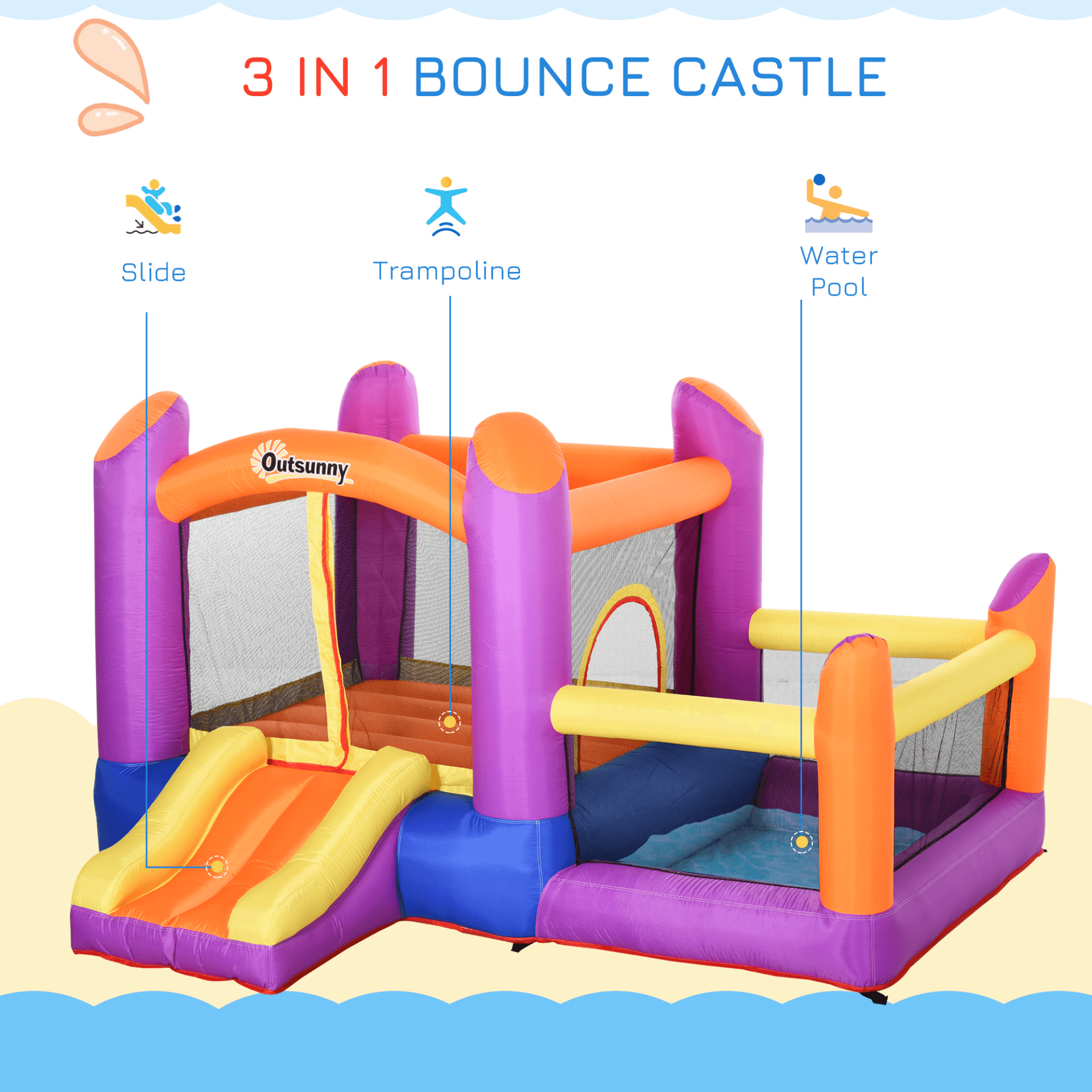 3-in-1 Kids Bounce Castle House | Quick Inflation & Durable, Inflatable Kids Bounce Castle with Trampoline, Slide & Water Pool. Quick setup in 2 mins. Safe, durable design with 6 ground stakes. Perfect for ages 3-8.