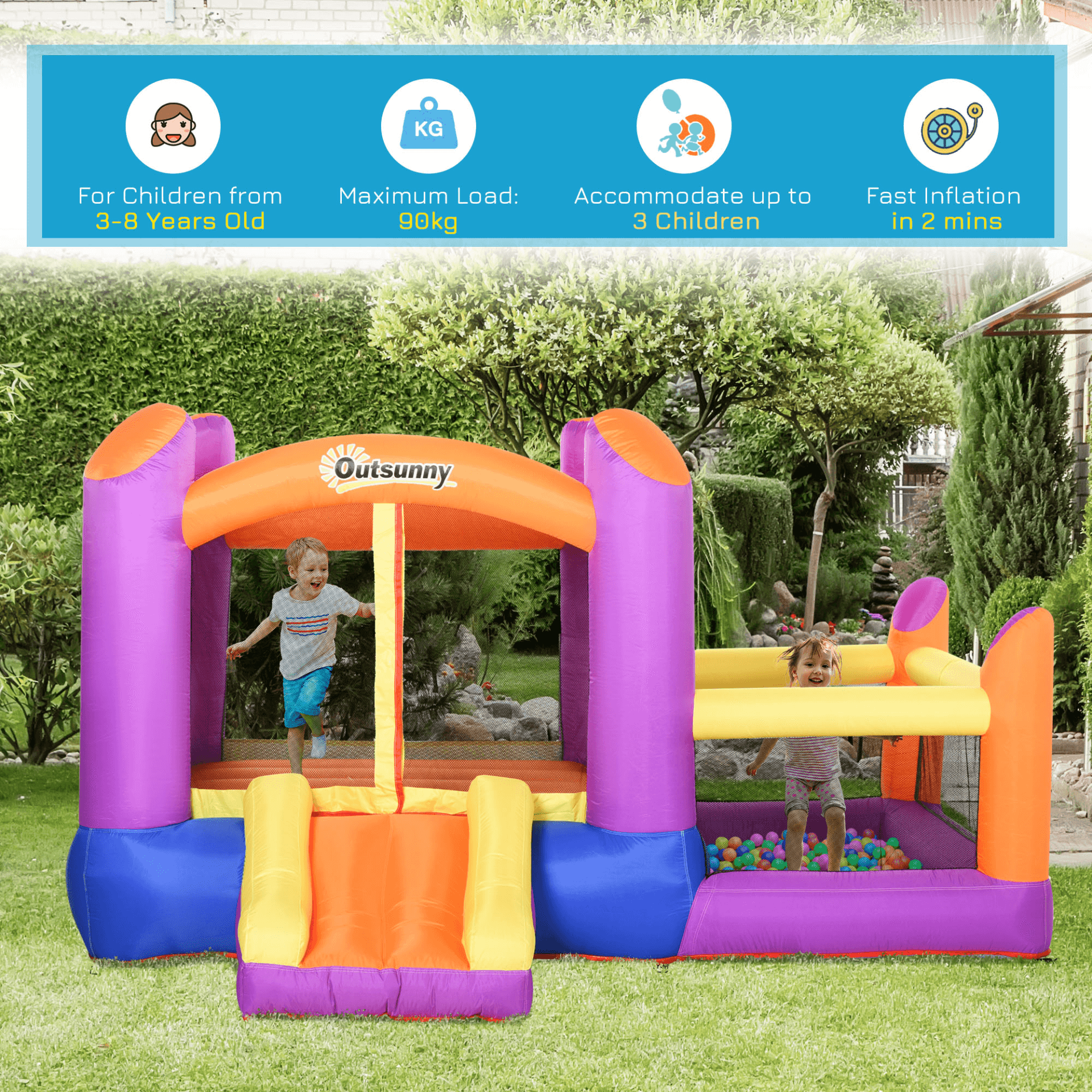 3-in-1 Kids Bounce Castle House | Quick Inflation & Durable, Inflatable Kids Bounce Castle with Trampoline, Slide & Water Pool. Quick setup in 2 mins. Safe, durable design with 6 ground stakes. Perfect for ages 3-8.