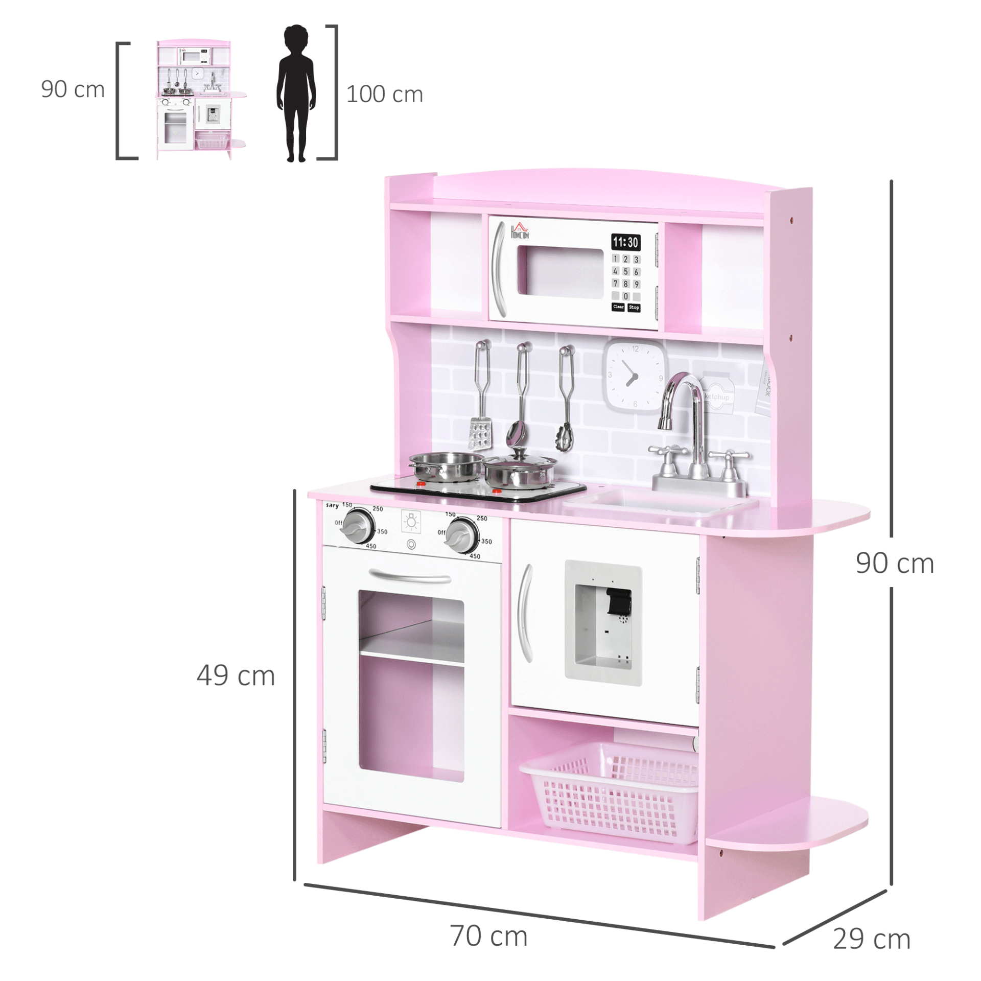 HOMCOM Pink Wooden Play Kitchen for Kids Ages 3-6, Spark creativity with HOMCOM's pink wooden play kitchen featuring lights, sounds, and realistic accessories for endless fun!