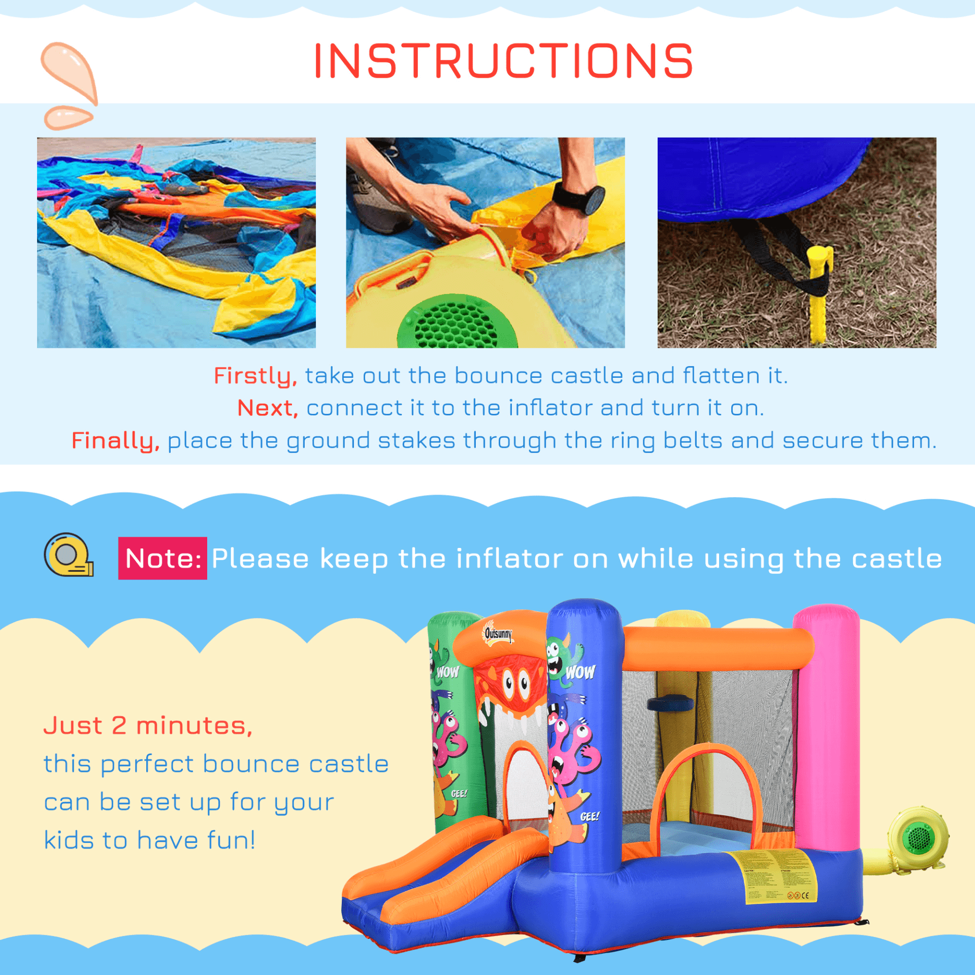 Kids Bounce Castle - Inflatable Trampoline & Slide, Quick setup inflatable bounce castle for kids ages 3-8. Secure and durable design with high-quality blower and ground stakes. Perfect for safe, fun playtime.