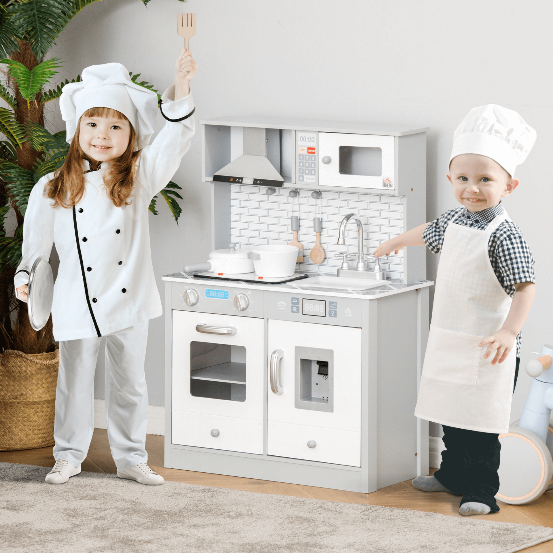 HOMCOM Kids Wooden Toy Kitchen Playset with Sounds, Spark creativity with HOMCOM's realistic wooden kitchen set, featuring a sink, microwave, and accessories for endless pretend play fun.