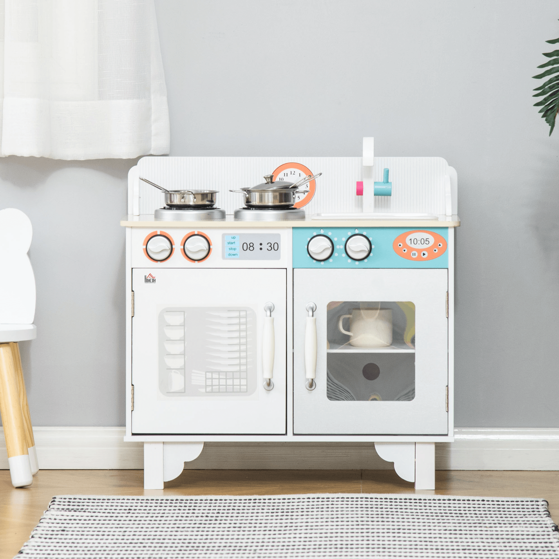 Kids Wooden Play Kitchen Set - Safe, Durable Fun, Spark imagination with our HOMCOM Kids Wooden Play Kitchen Set. Includes sink, cooking bench, and pots. Perfect for children aged 3-6! Safe & durable.