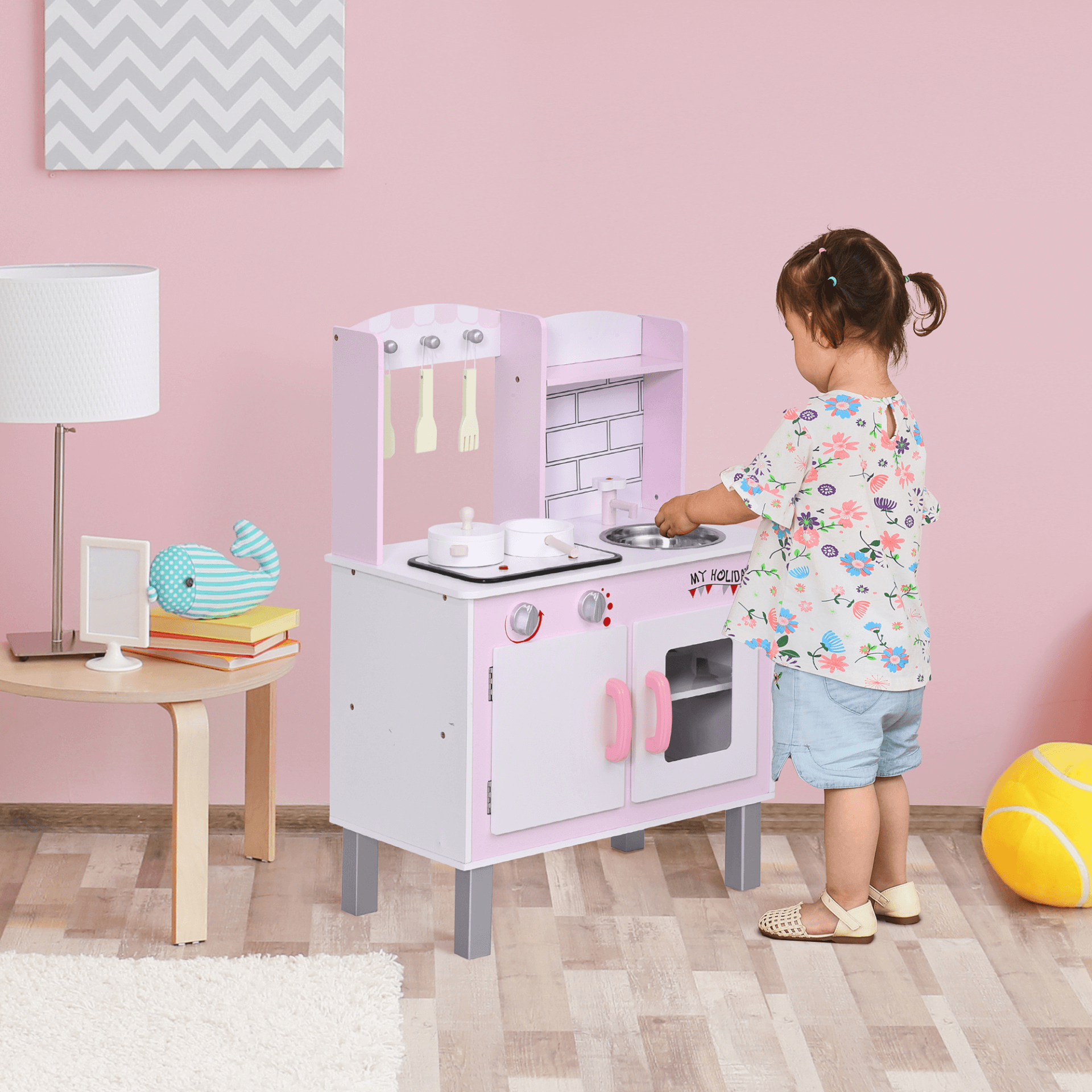 HOMCOM Kids Kitchen Play Set - Wooden Toy with Sounds, Spark creativity with HOMCOM's wooden kitchen set, featuring realistic sounds, accessories, and ample storage for endless fun!