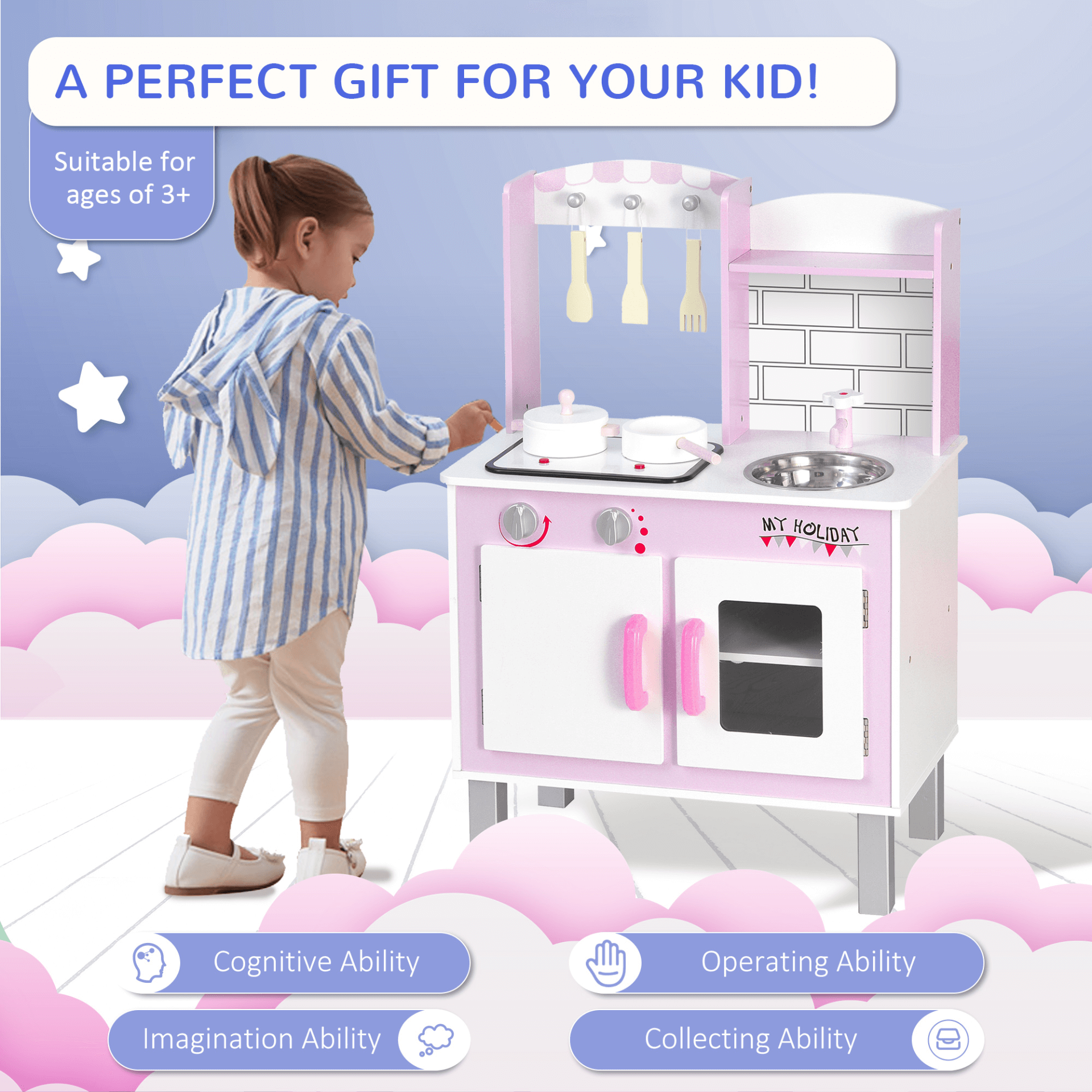 HOMCOM Kids Kitchen Play Set - Wooden Toy with Sounds, Spark creativity with HOMCOM's wooden kitchen set, featuring realistic sounds, accessories, and ample storage for endless fun!