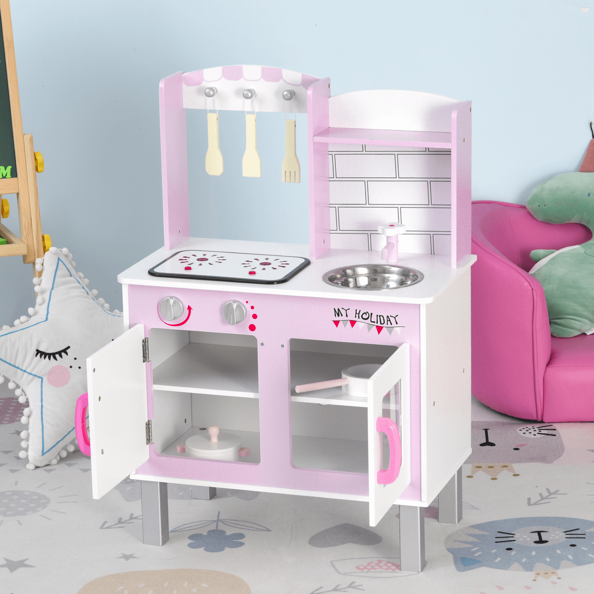 HOMCOM Kids Kitchen Play Set - Wooden Toy with Sounds, Spark creativity with HOMCOM's wooden kitchen set, featuring realistic sounds, accessories, and ample storage for endless fun!