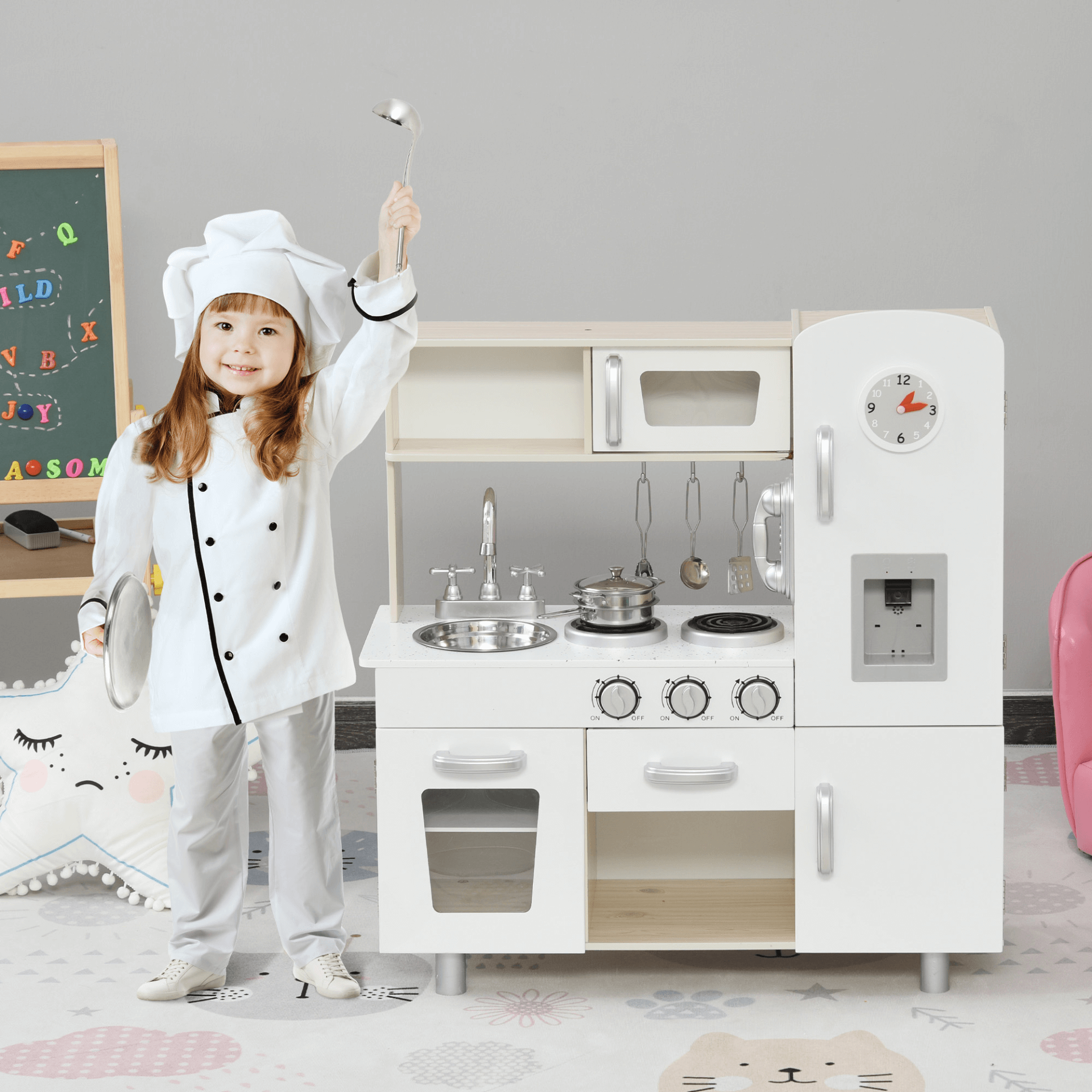 Kids White Wooden Play Kitchen Set - Educational Toy, Inspire young chefs with this interactive white wooden kitchen set. Features realistic play elements like a sink and cooker for fun and educational play.