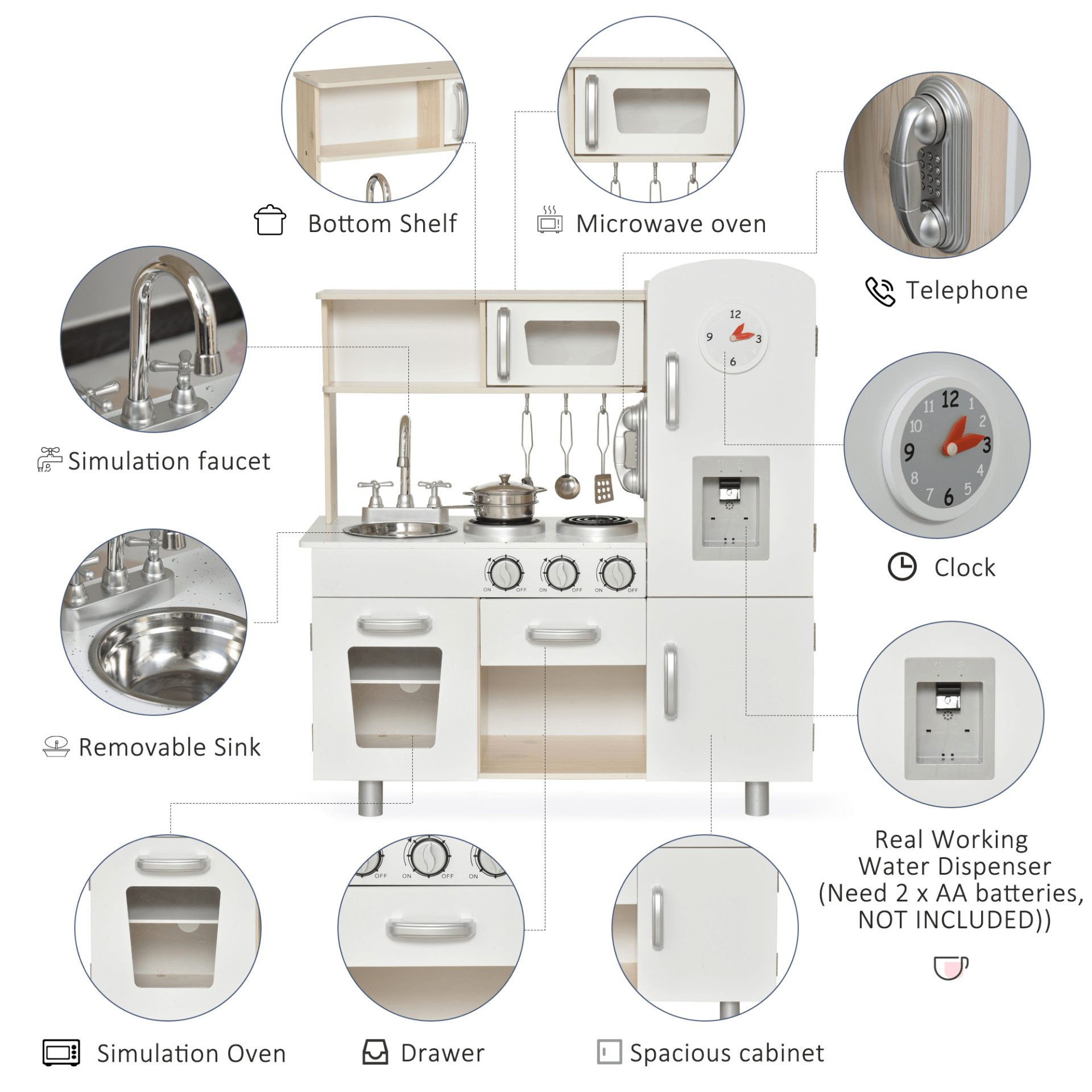 Kids White Wooden Play Kitchen Set - Educational Toy, Inspire young chefs with this interactive white wooden kitchen set. Features realistic play elements like a sink and cooker for fun and educational play.