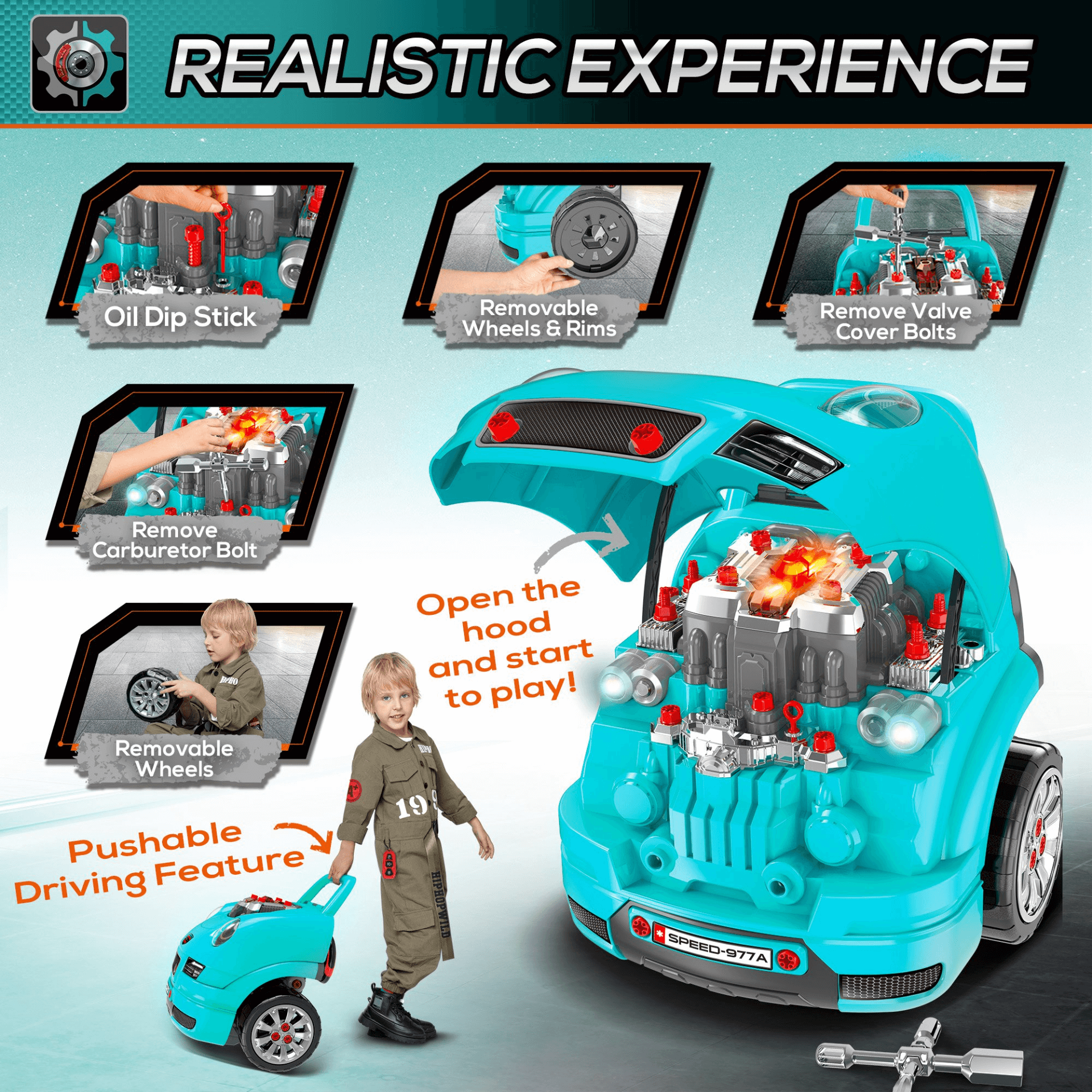 Fun Kids Truck Engine Toy Set - Ages 3-5, Engage young minds with a teal green truck engine toy set. Perfect for ages 3-5, it inspires imaginative play with sounds and lights. 61-piece fun!