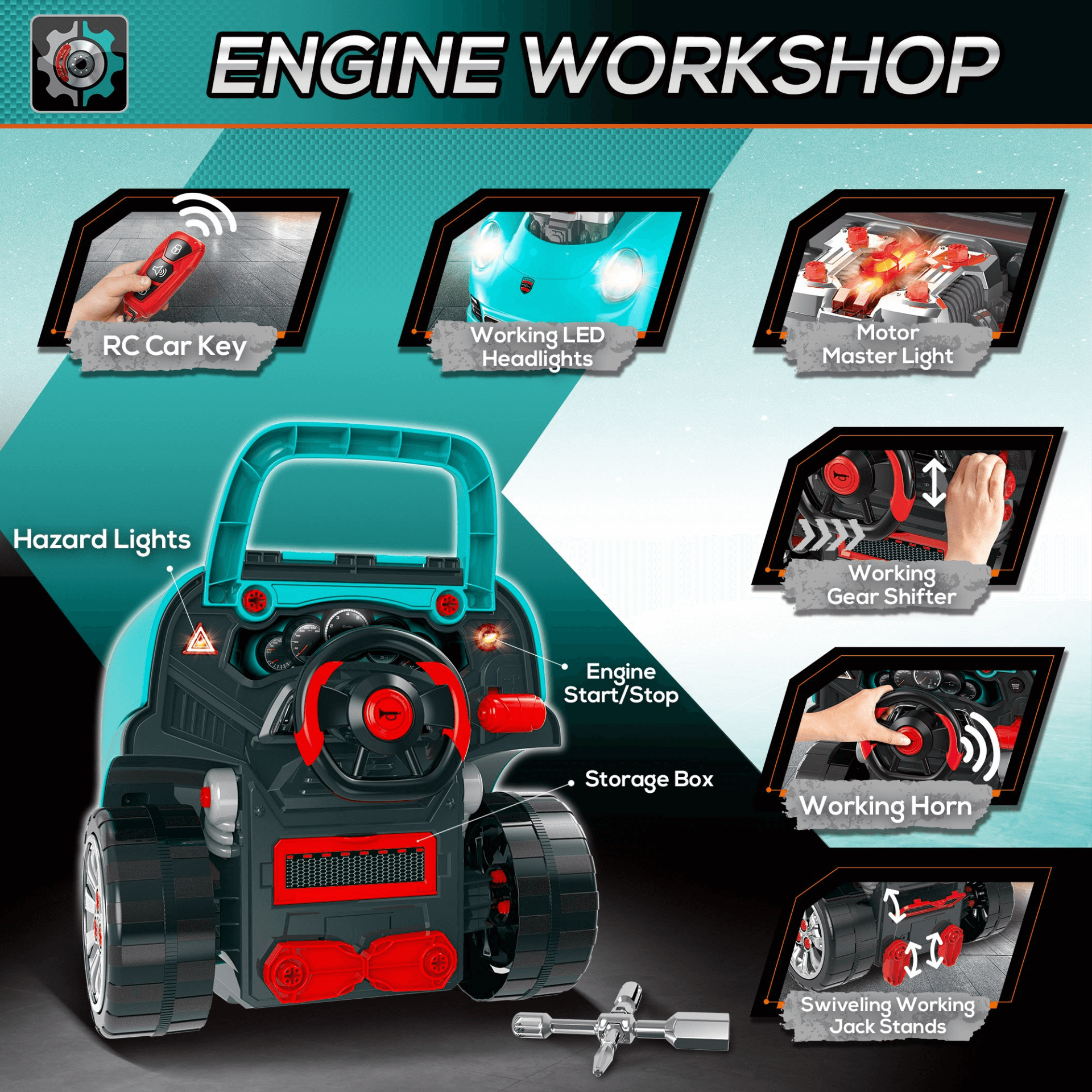 Fun Kids Truck Engine Toy Set - Ages 3-5, Engage young minds with a teal green truck engine toy set. Perfect for ages 3-5, it inspires imaginative play with sounds and lights. 61-piece fun!