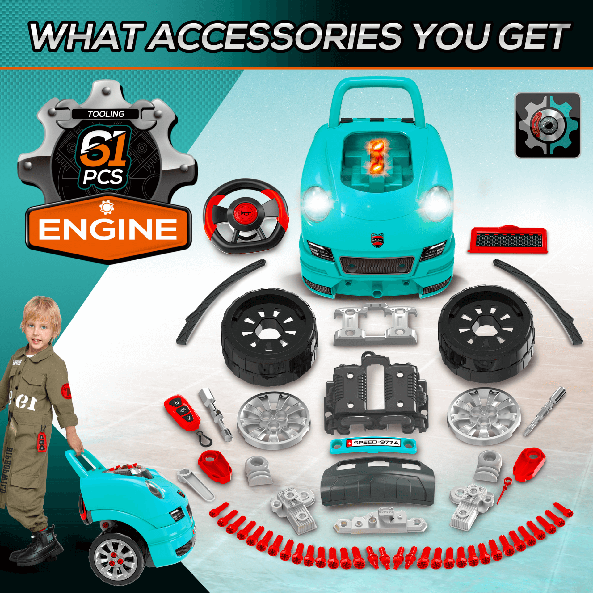 Fun Kids Truck Engine Toy Set - Ages 3-5, Engage young minds with a teal green truck engine toy set. Perfect for ages 3-5, it inspires imaginative play with sounds and lights. 61-piece fun!