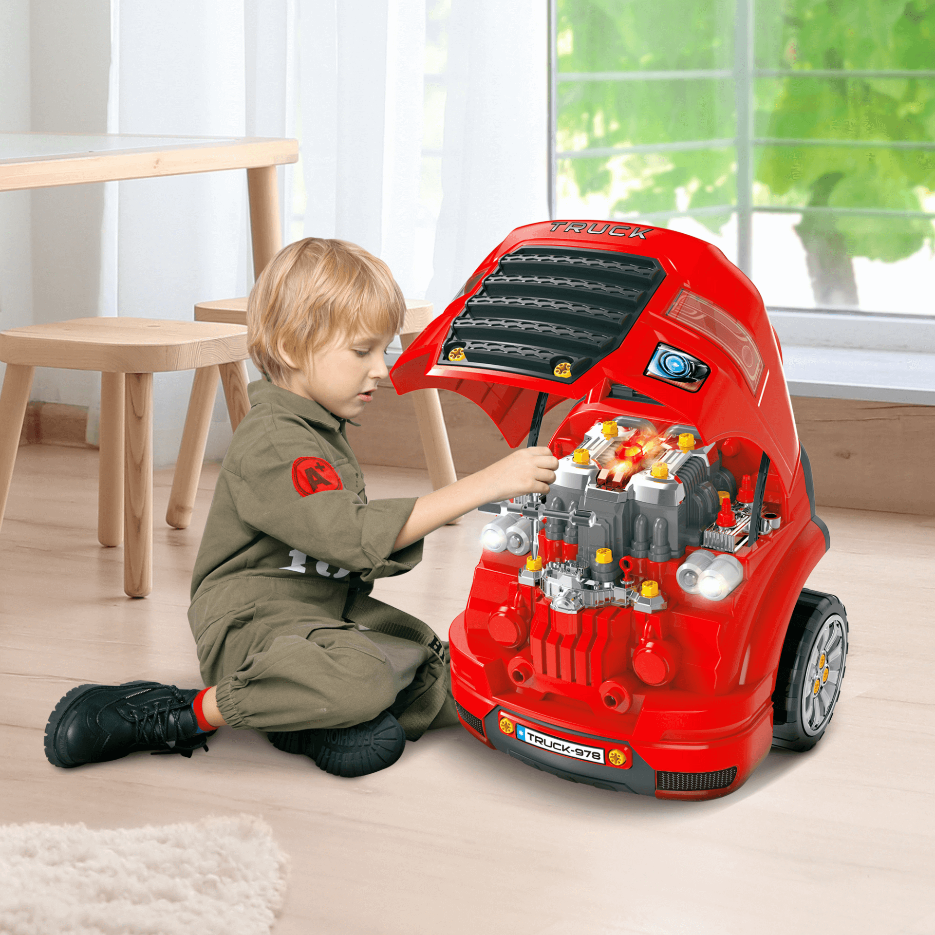 Kids Truck Engine Toy Set - Educational Fun, Spark creativity with our Kids Truck Engine Toy Set! Includes 61 pieces, RC car key, lights & sounds. Ideal for ages 3-5. Perfect for little mechanics!