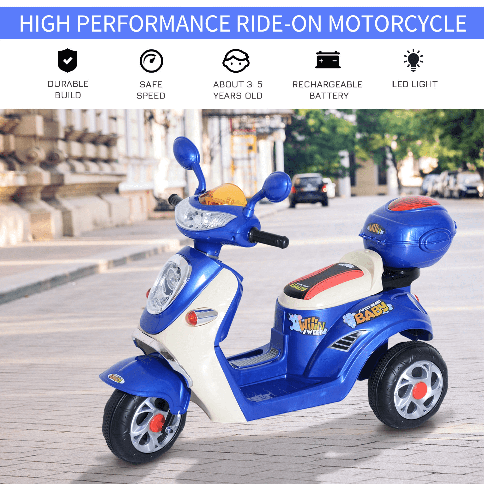 Kids Electric Tricycle with 6V Battery – Ages 3-5 (Blue), Safe and stable 3-wheel design. Features headlight, music, storage, and extra-wide tires for a smooth ride. Ideal for kids aged 3-5.