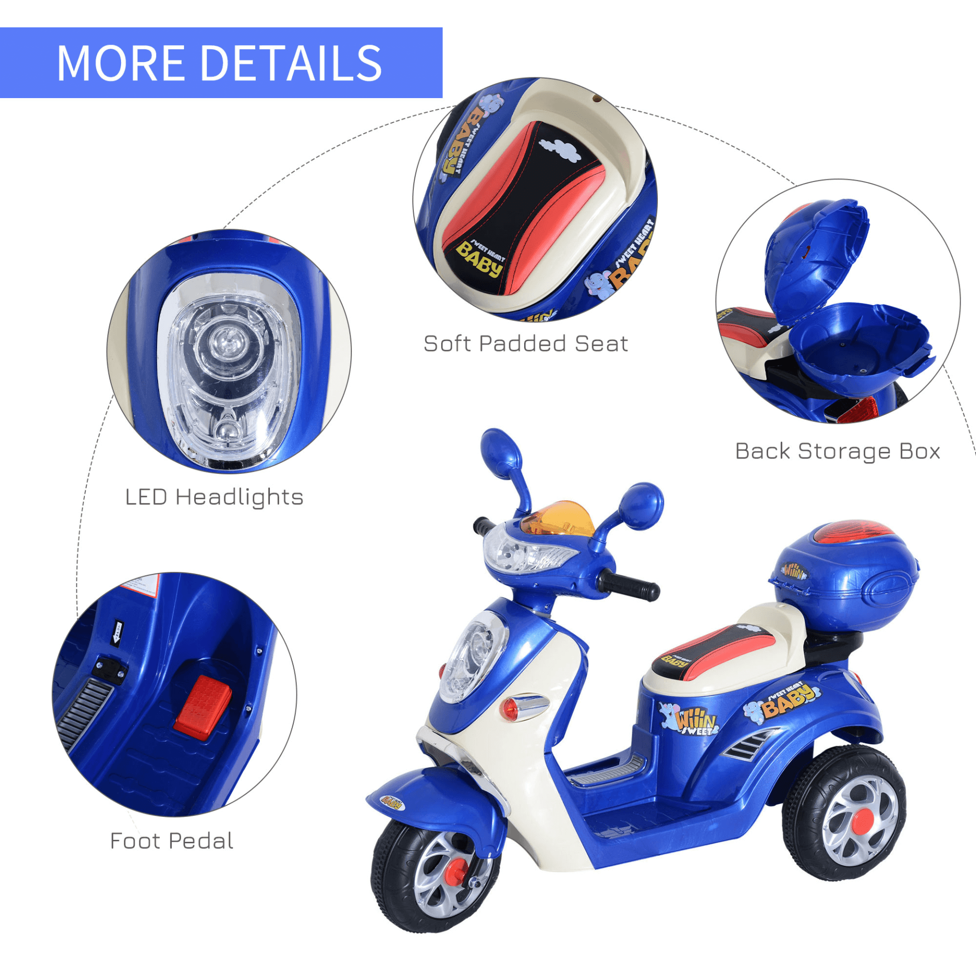 Kids Electric Tricycle with 6V Battery – Ages 3-5 (Blue), Safe and stable 3-wheel design. Features headlight, music, storage, and extra-wide tires for a smooth ride. Ideal for kids aged 3-5.