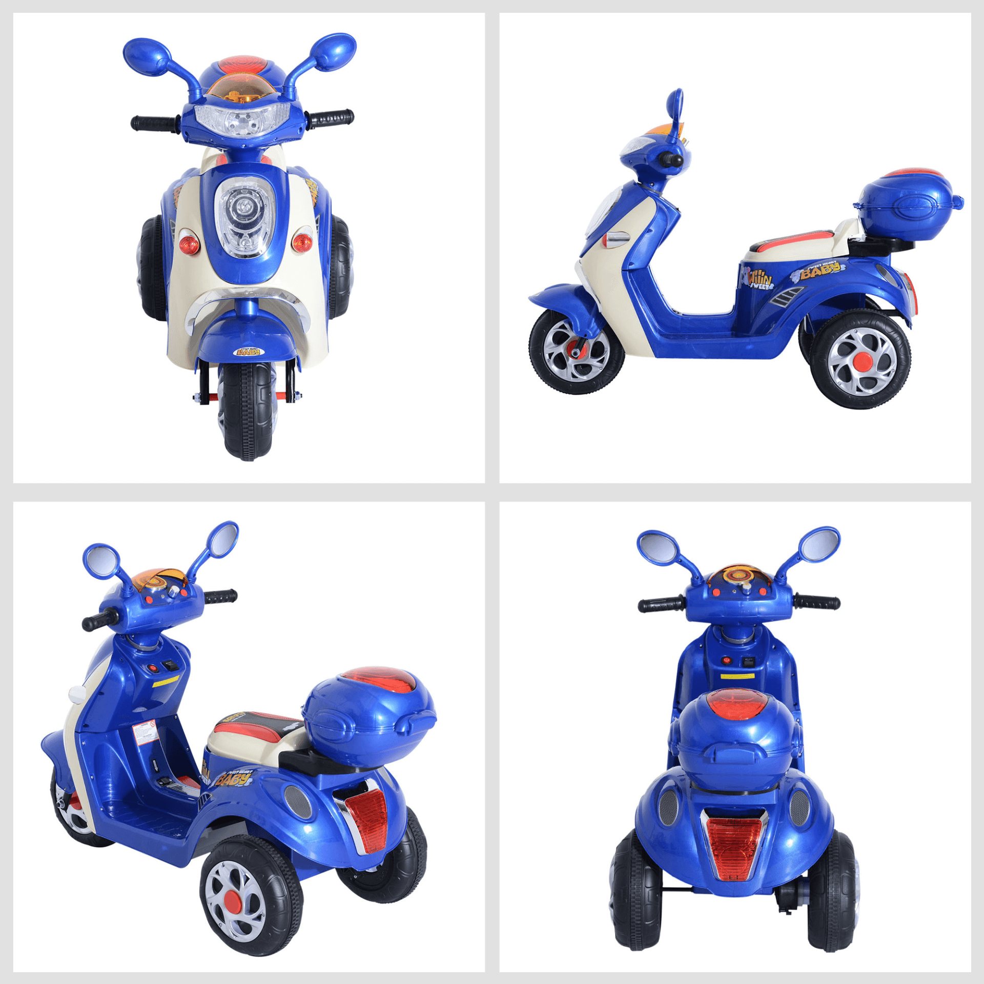 Kids Electric Tricycle with 6V Battery – Ages 3-5 (Blue), Safe and stable 3-wheel design. Features headlight, music, storage, and extra-wide tires for a smooth ride. Ideal for kids aged 3-5.