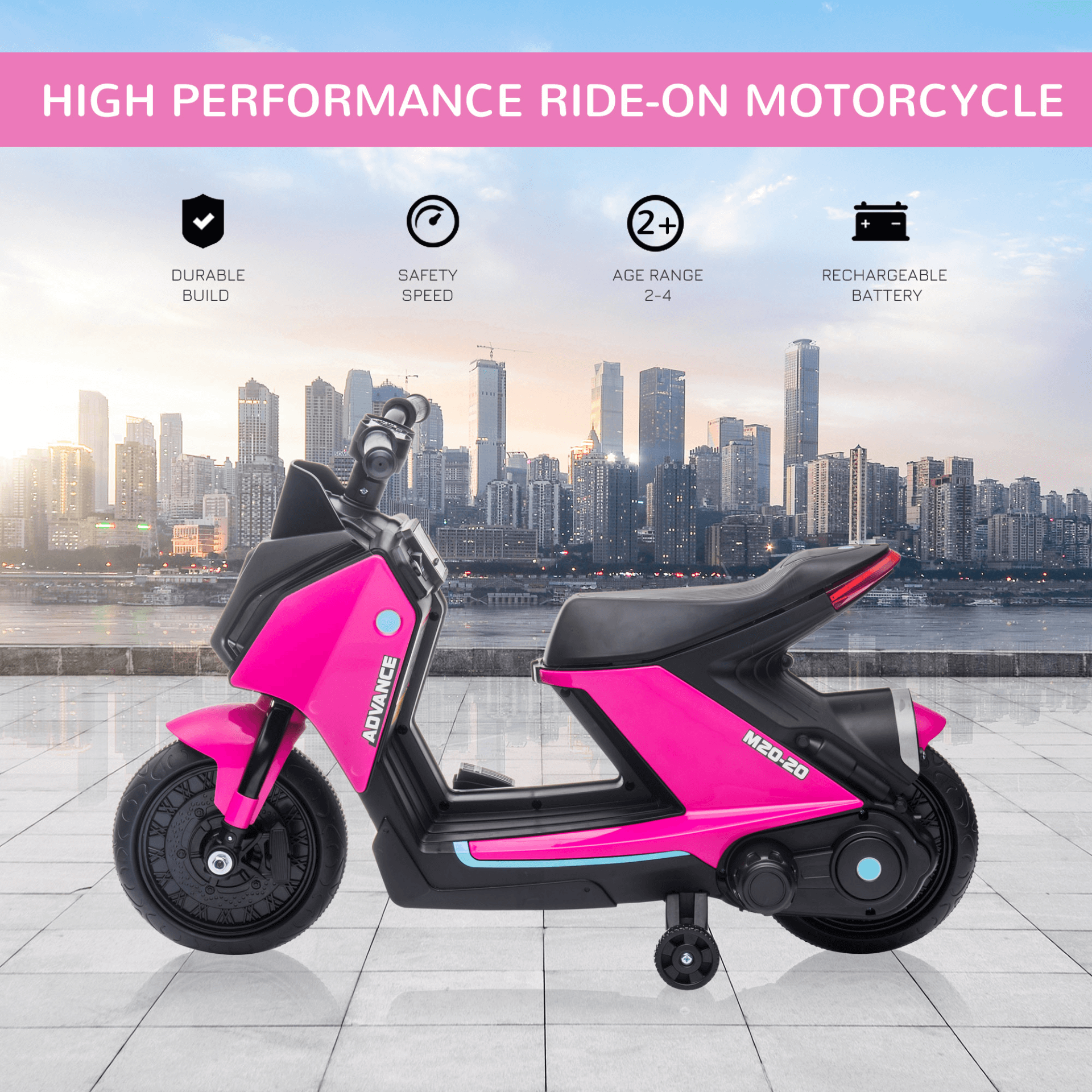 Kids 6V Electric Motorbike Toy, Discover endless fun for ages 2-4 with our 6V Electric Motorbike. Features music, LED headlights, and safety wheels in stylish pink.