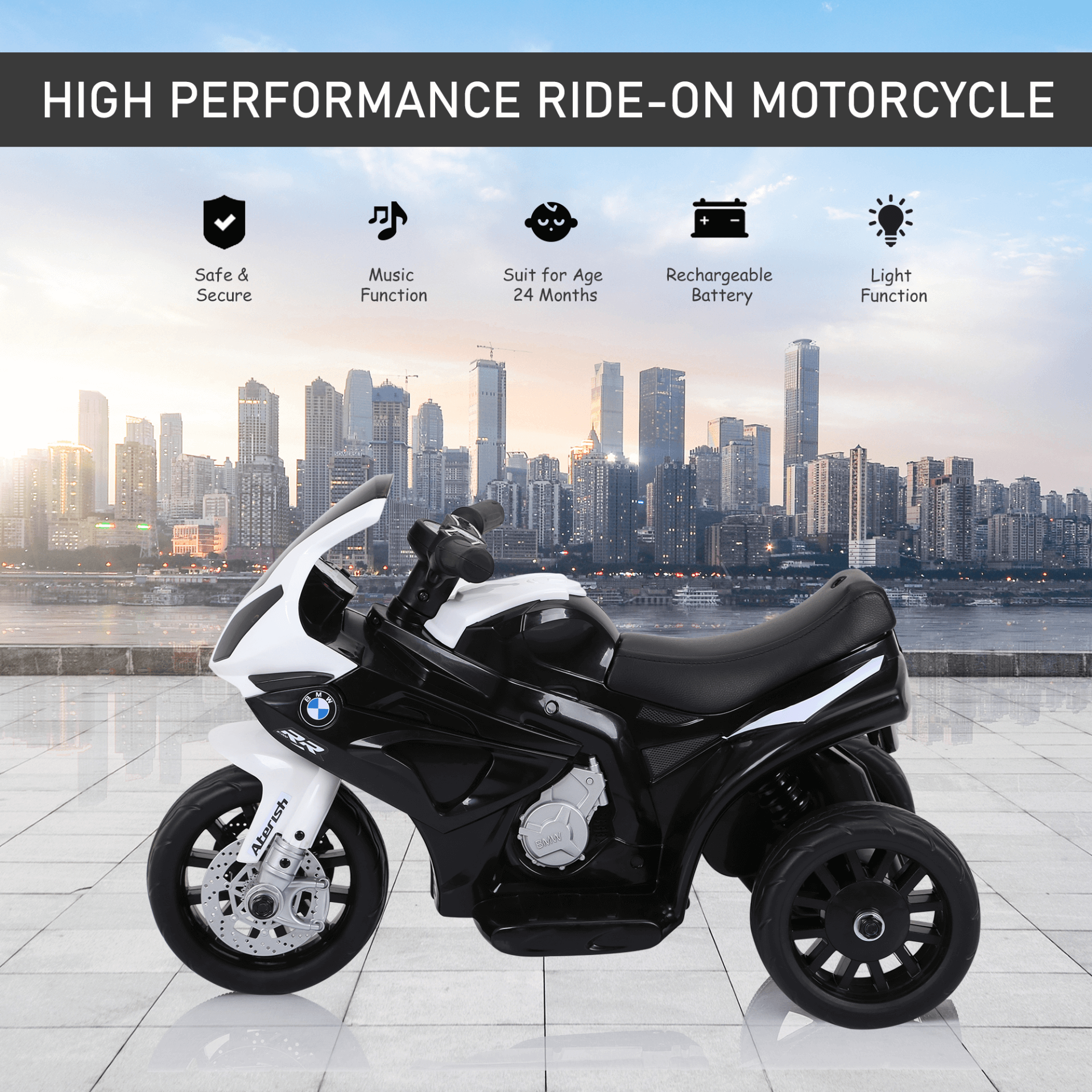 Electric Kids Ride On Motorcycle BMW S1000RR, Stylish Electric Kids Ride On Motorcycle BMW S1000RR in black with headlights, music, and 6V battery. Perfect for young riders.