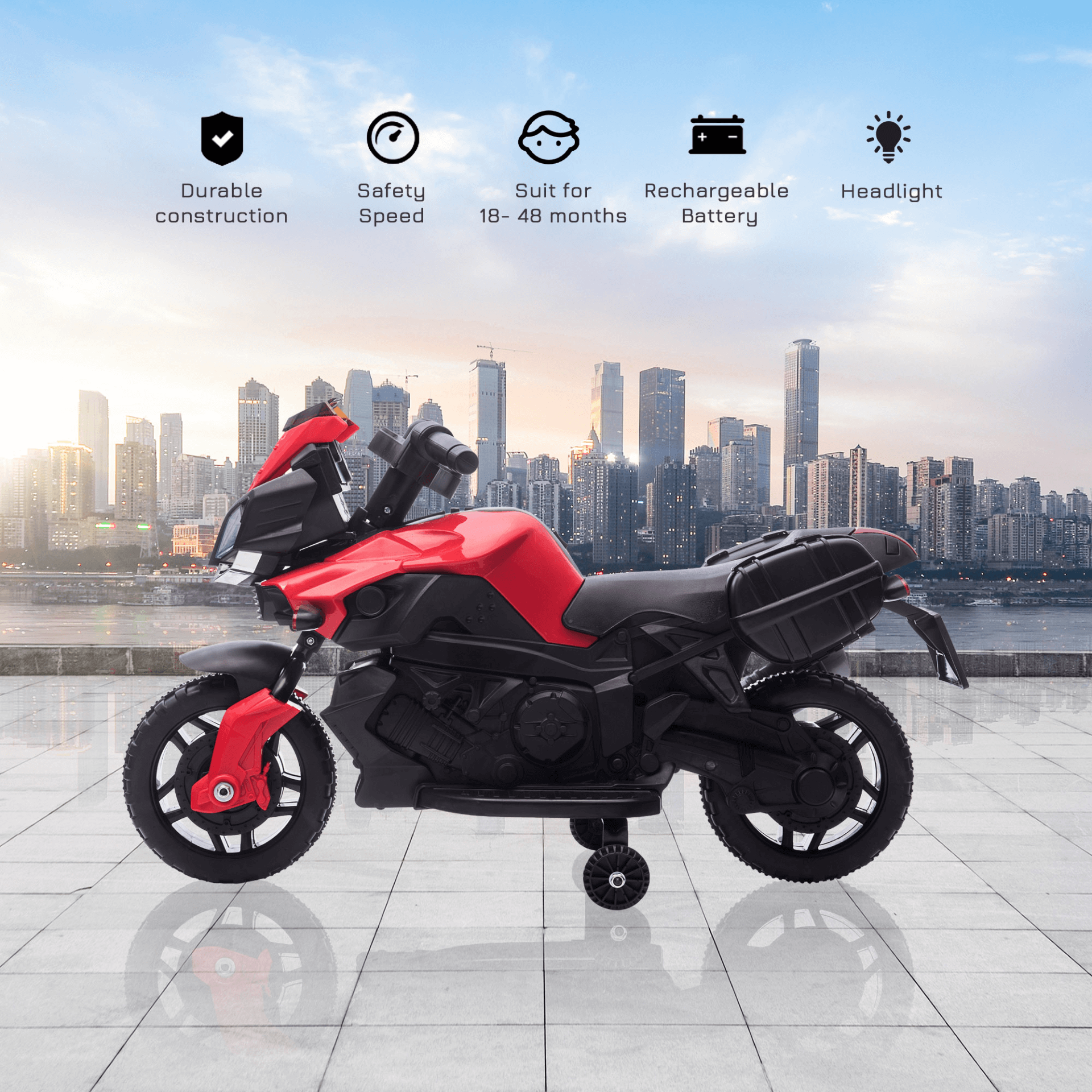 HOMCOM Kids 6V Electric Ride On Motorcycle - Red Fun, Discover the HOMCOM 6V Electric Motorcycle for kids 1.5-4! Features realistic sounds, lights, and horn for thrilling outdoor adventures.