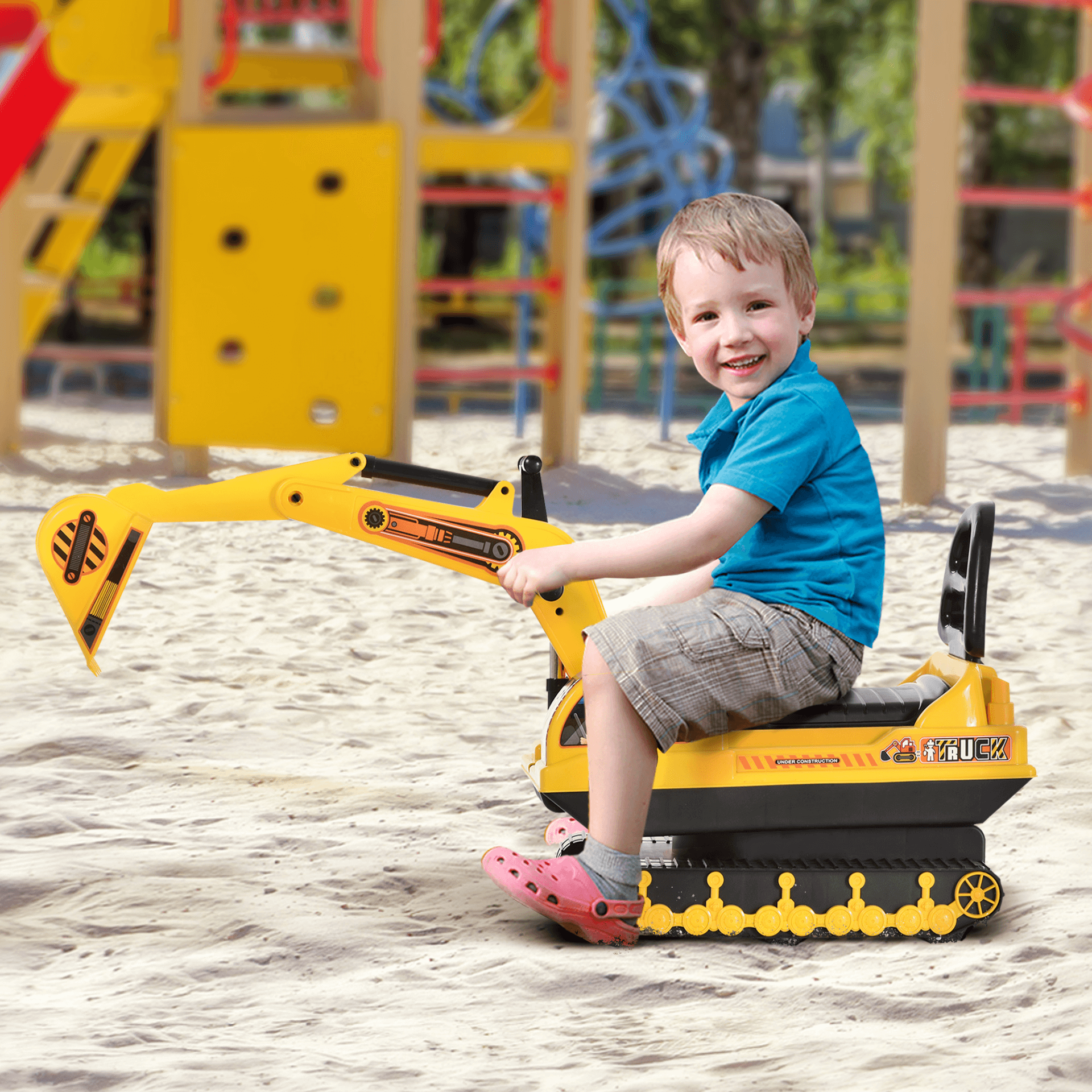 Kids Ride On Digger Excavator Toy, 2-in-1, Enjoy a 2-in-1 toddler toy combining a ride-on digger with a walker. Features storage basket and safety designs. Perfect for kids age 3+.