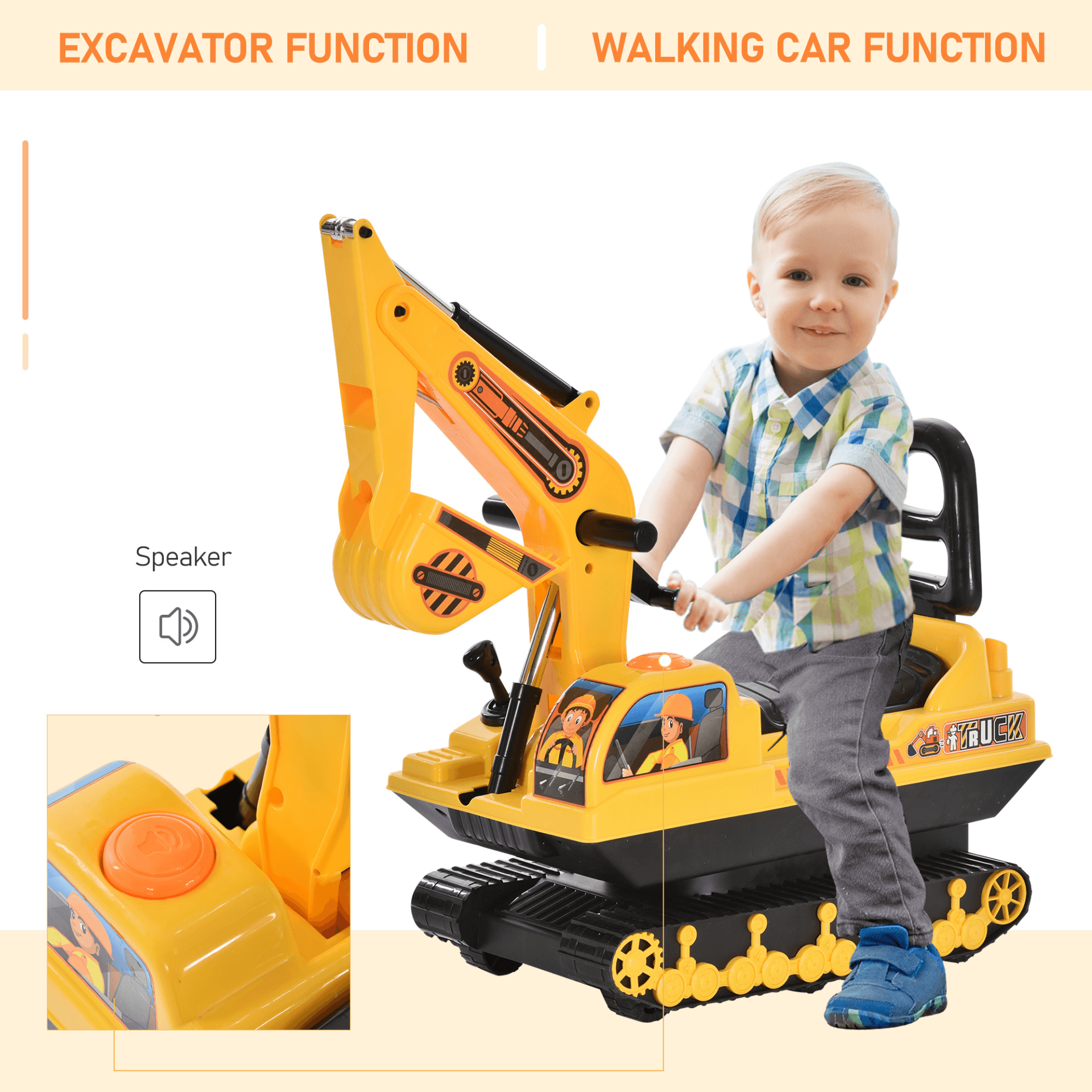 Kids Ride On Digger Excavator Toy, 2-in-1, Enjoy a 2-in-1 toddler toy combining a ride-on digger with a walker. Features storage basket and safety designs. Perfect for kids age 3+.