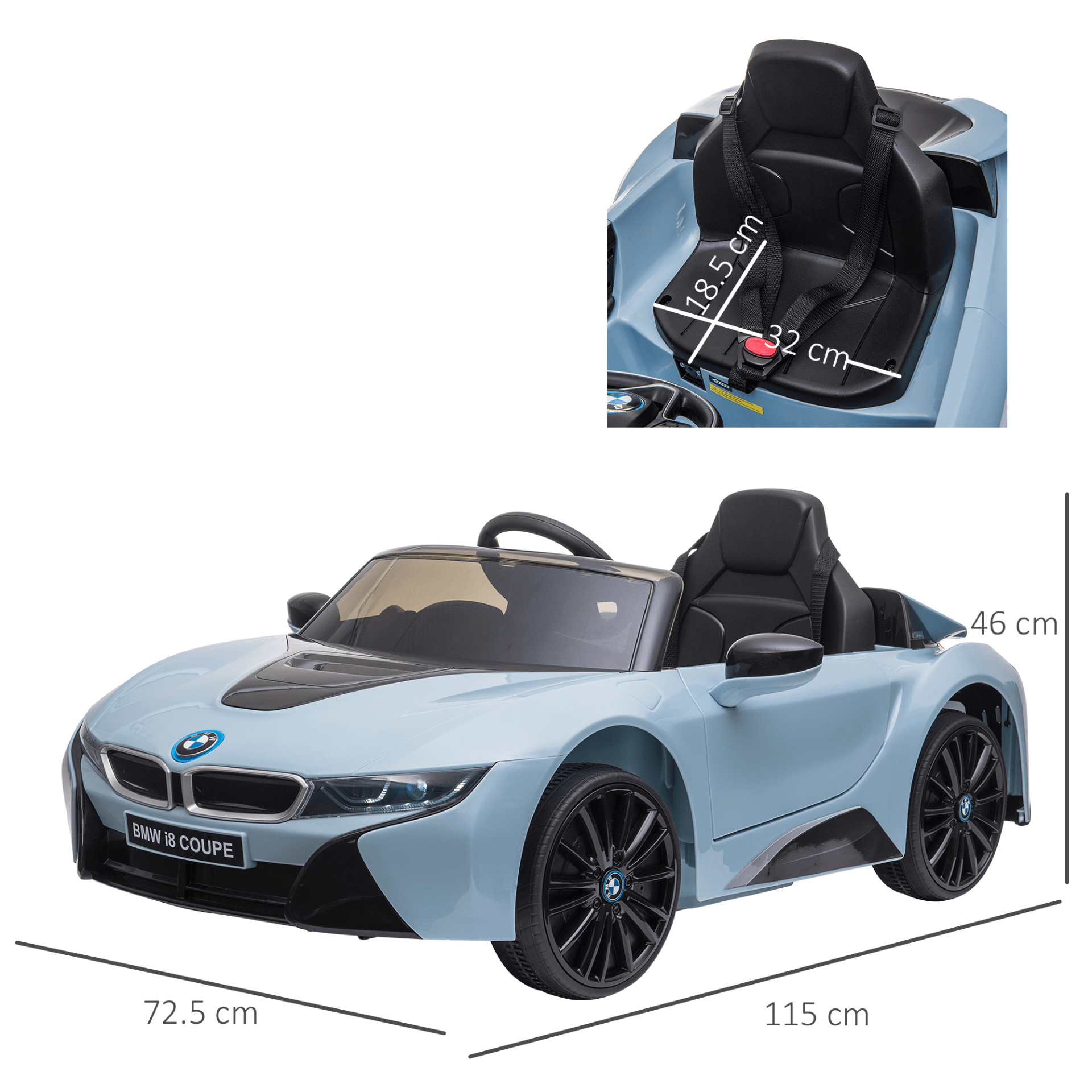 Blue BMW I8 Kids Ride On Car 6V - Electric Toy, Get your kids the thrill of the road with a BMW I8 Coupe Electric Ride On. A safe, adventurous ride perfect for 3-8 years. Sleek design & secure fun.