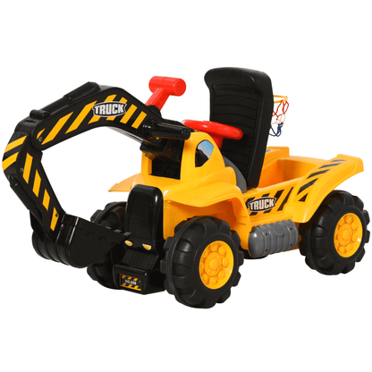 HOMCOM Kids Ride On Excavator Digger - 3-in-1 Fun, Discover the HOMCOM Kids Excavator Digger! A 3-in-1 toy for endless imaginative play with ride-on, construction, and basketball options.