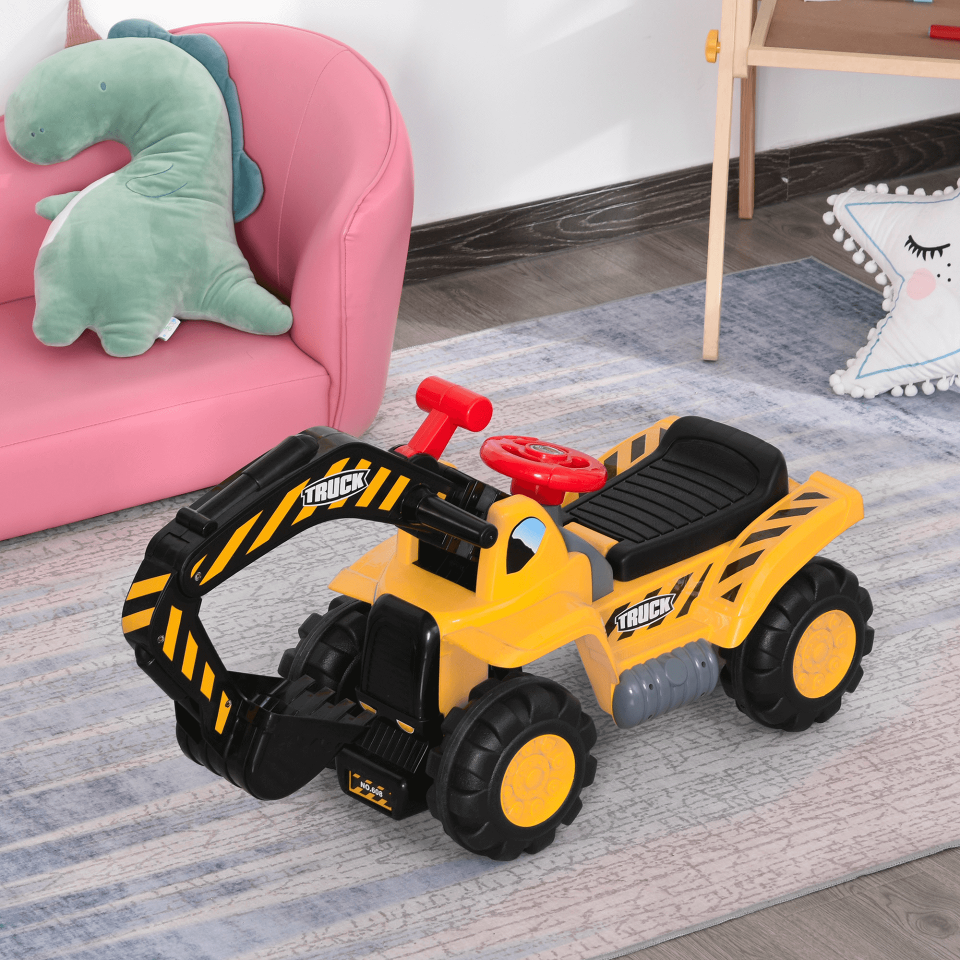 HOMCOM Kids Ride On Excavator Digger - 3-in-1 Fun, Discover the HOMCOM Kids Excavator Digger! A 3-in-1 toy for endless imaginative play with ride-on, construction, and basketball options.