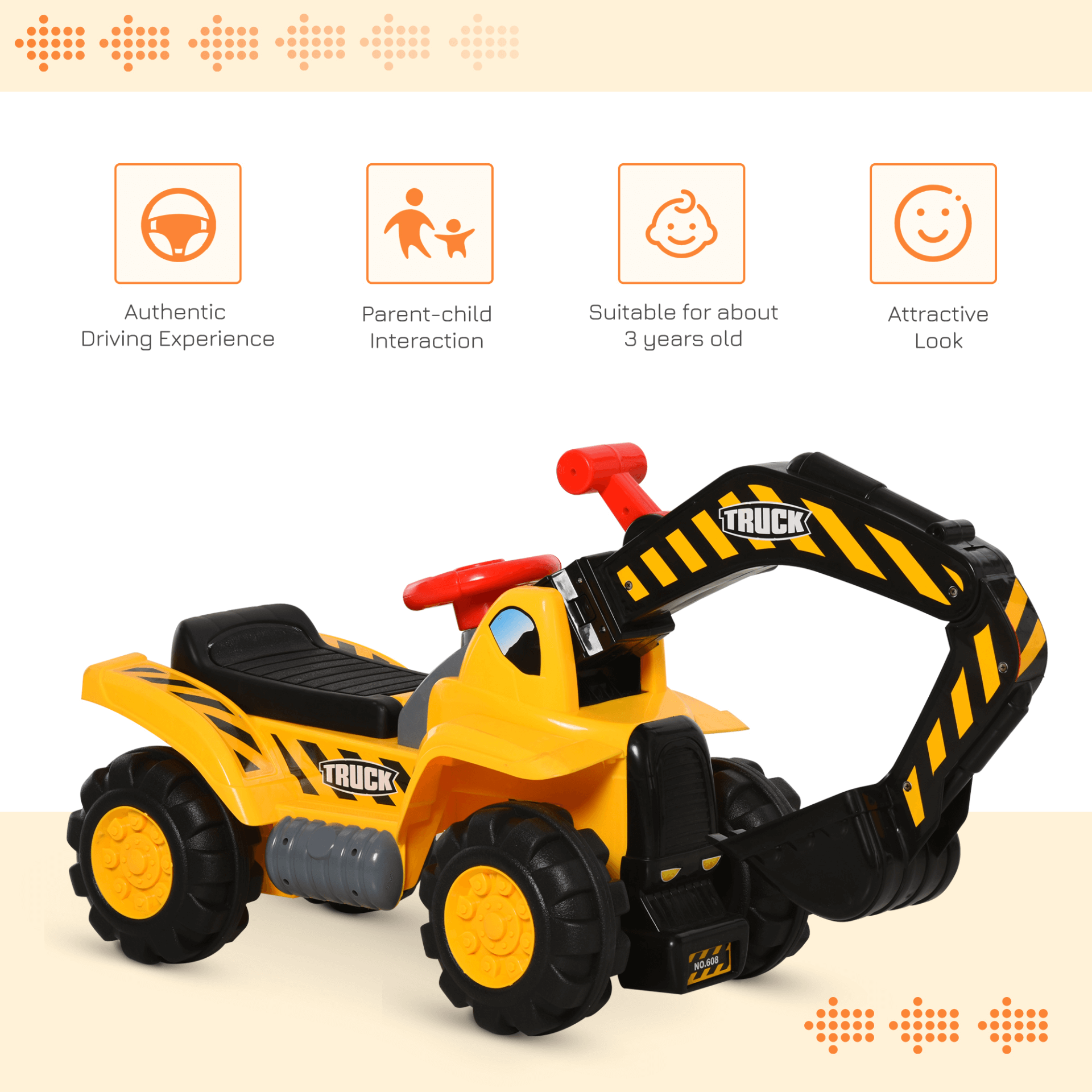 HOMCOM Kids Ride On Excavator Digger - 3-in-1 Fun, Discover the HOMCOM Kids Excavator Digger! A 3-in-1 toy for endless imaginative play with ride-on, construction, and basketball options.