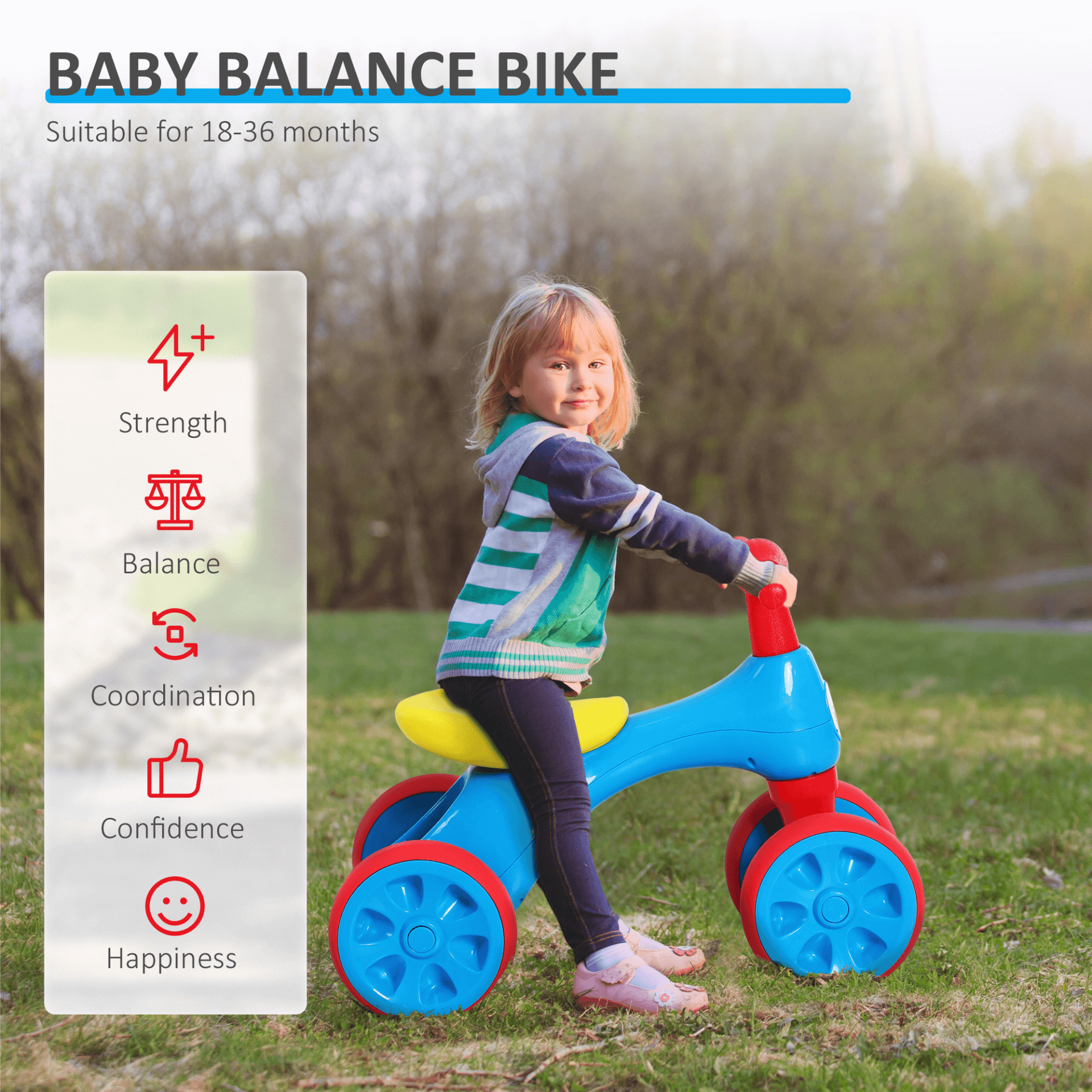 Baby Balance Bike for Toddlers Aged 1.5-3 Years, Help your toddler develop balance and coordination with our safe and sturdy Baby Balance Bike, perfect for boys and girls aged 1.5-3 years. In blue and red.