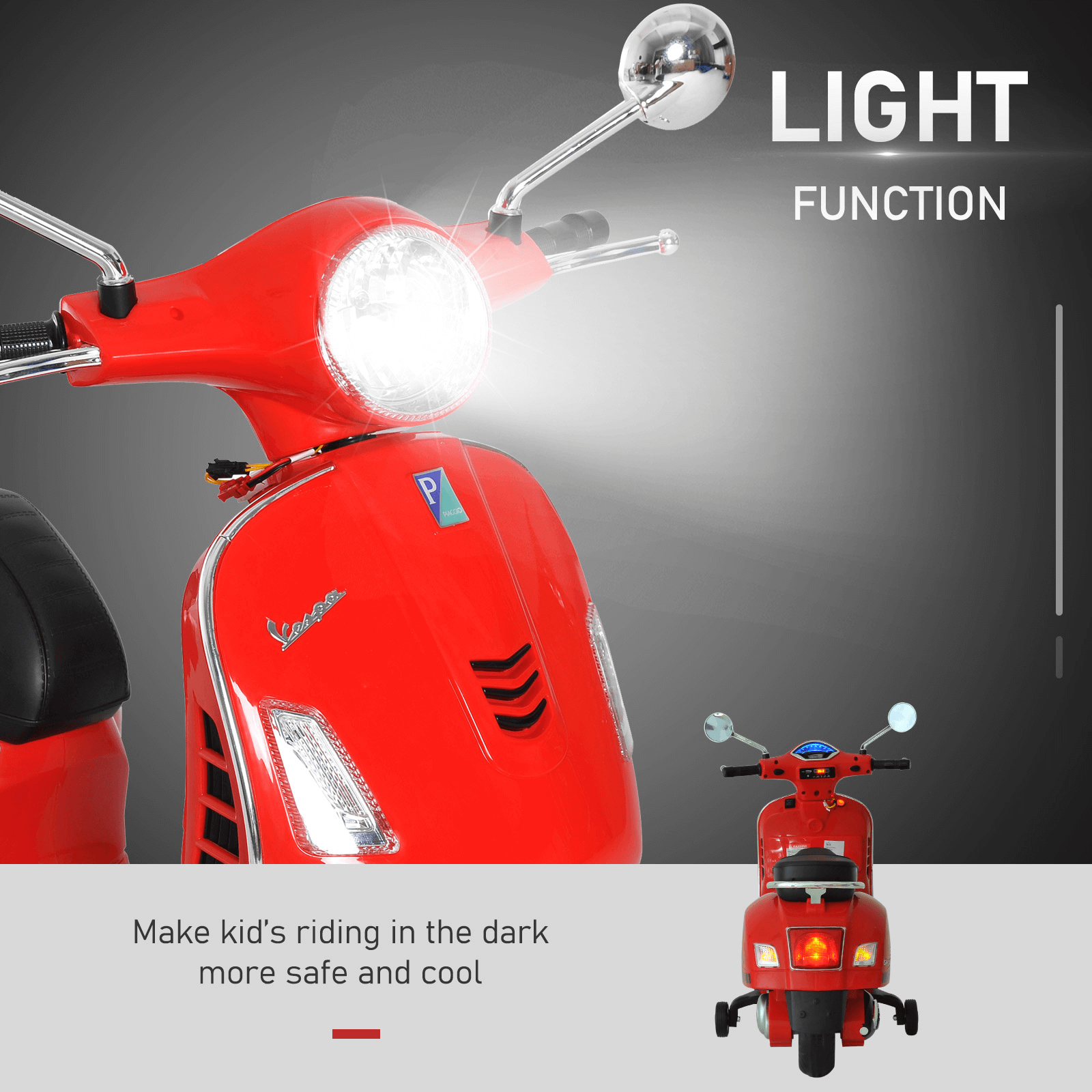 6V Kids Electric Vespa Motorcycle - Red, Officially licensed 6V Kids Vespa Ride-On Motorbike with MP3 music, LED lights, & foot pedal accelerator; perfect for kids aged 3-6. Safe & thrilling!