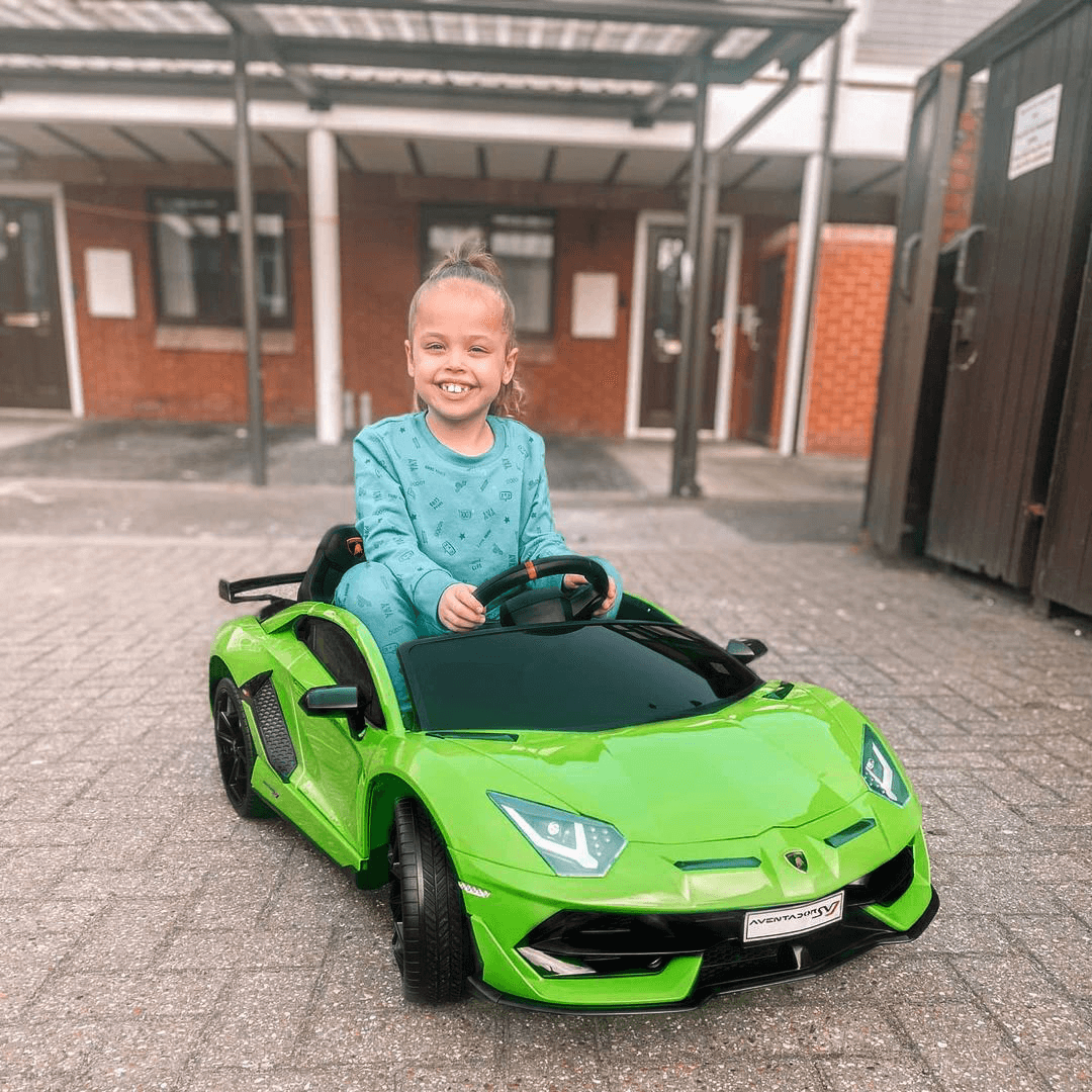 12V Kids Lamborghini Aventador Ride-On Car, Thrill your child with this 12V Lamborghini Aventador ride-on car, featuring remote control, music, and lights. Officially licensed for the ultimate ride.