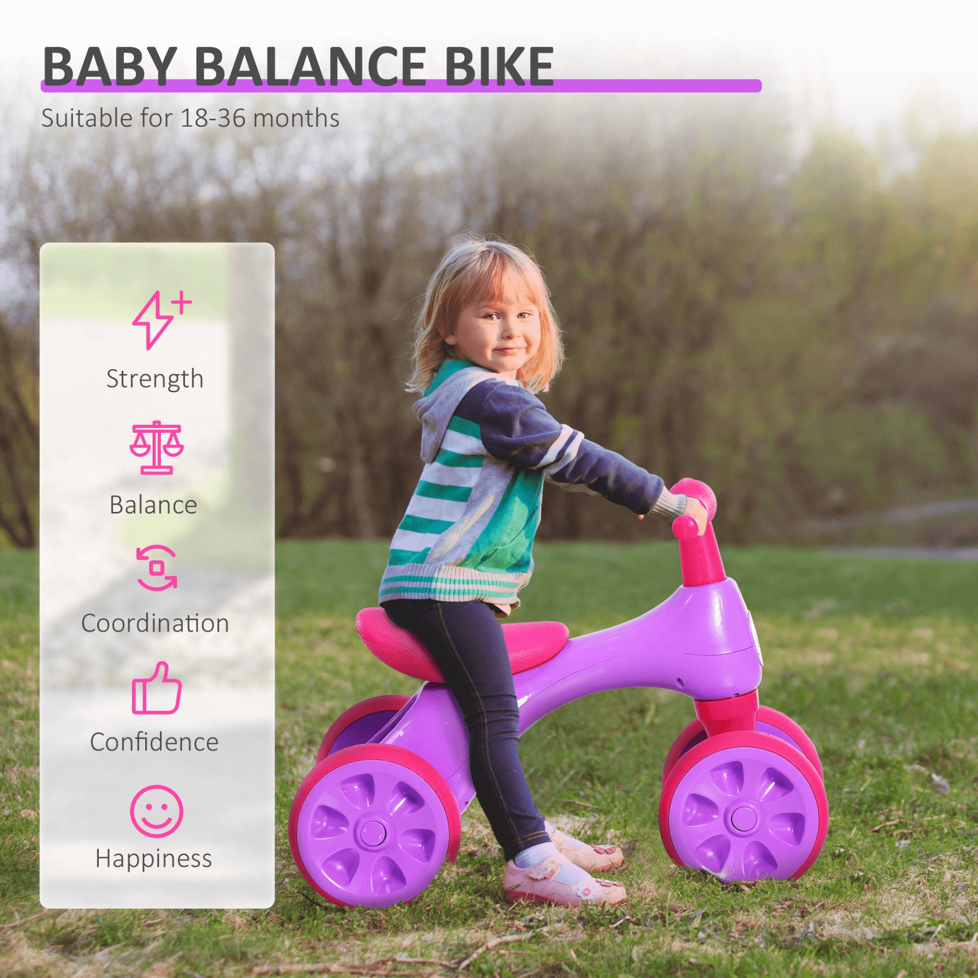 Baby Balance Bike Toddler Training Walker | Violet Fuchsia, Boost balance and coordination with this fun Baby Balance Bike for toddlers. Safety-oriented design with smooth rubber wheels and a storage bin. Perfect gift!