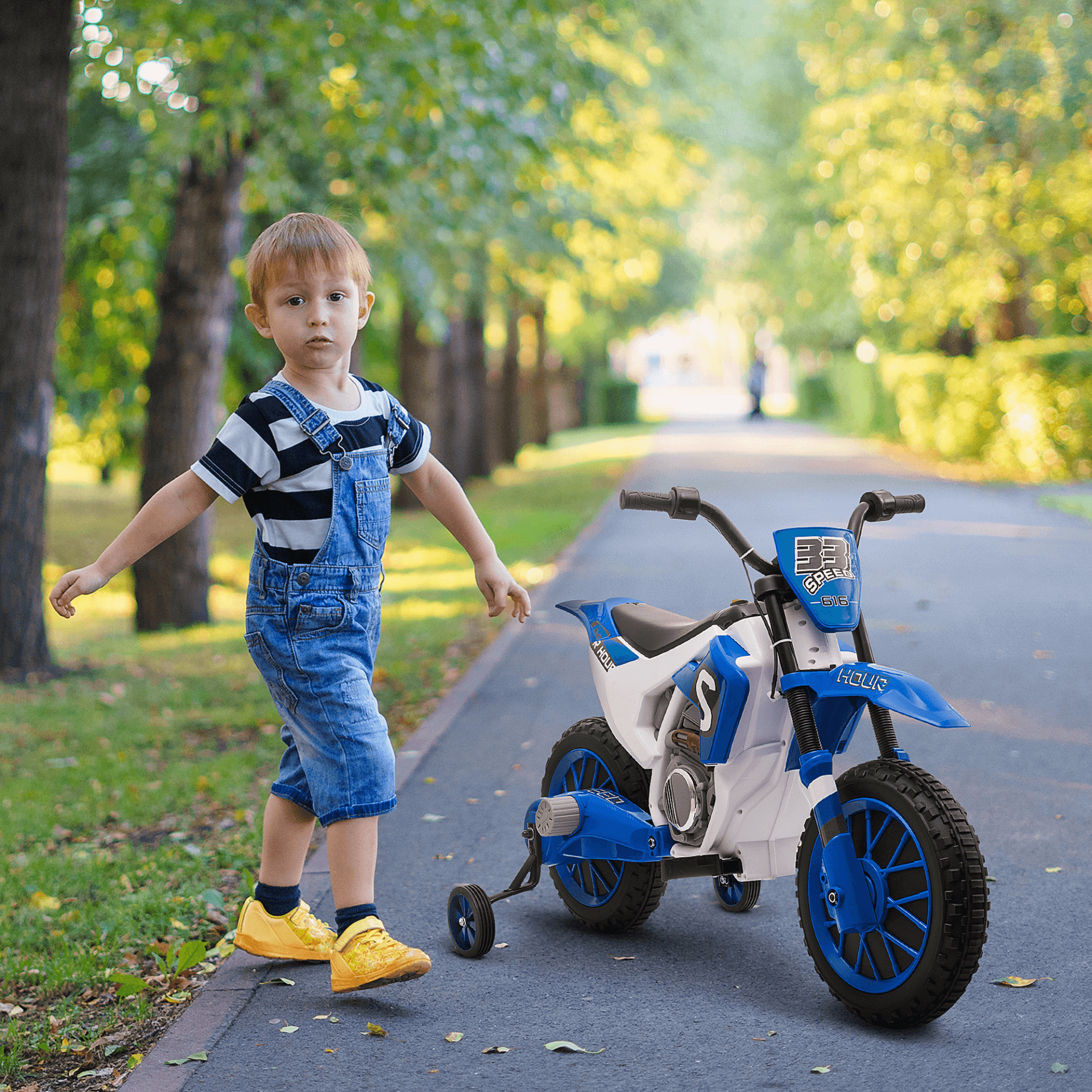 12V Kids Electric Motorbike Ride-On Toy - Blue, Safe & fun 12V electric motorbike for ages 3-5. Features training wheels and vibrant blue color for an adventurous ride.