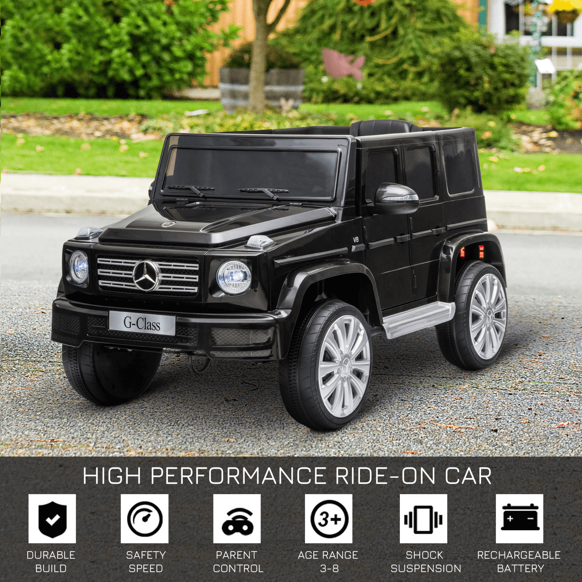 12V Kids Mercedes Benz G500 Ride On Car - Black, Stylish 12V Mercedes Benz G500 ride-on car for kids, featuring 2 motors, remote control, and realistic details. Perfect for outdoor fun!