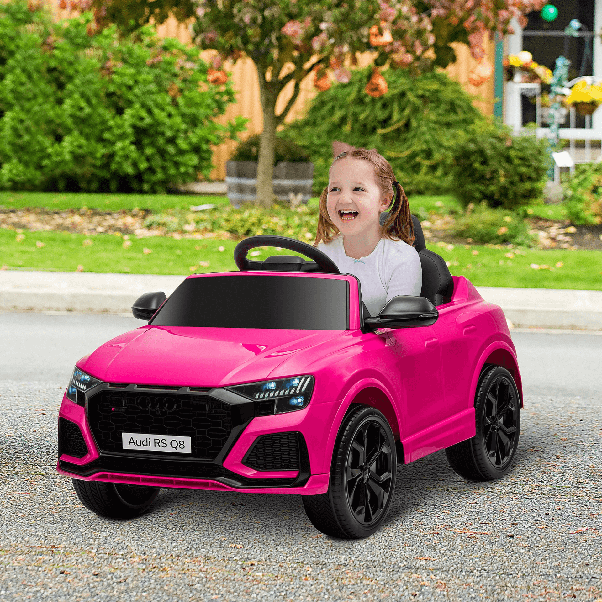 Pink Audi RS Q8 Kids Electric Car - 6V Ride On, Discover the 6V Pink Audi RS Q8 Kids Electric Ride On Car, complete with remote control, music, lights, USB, MP3 & Bluetooth for ages 3-5.