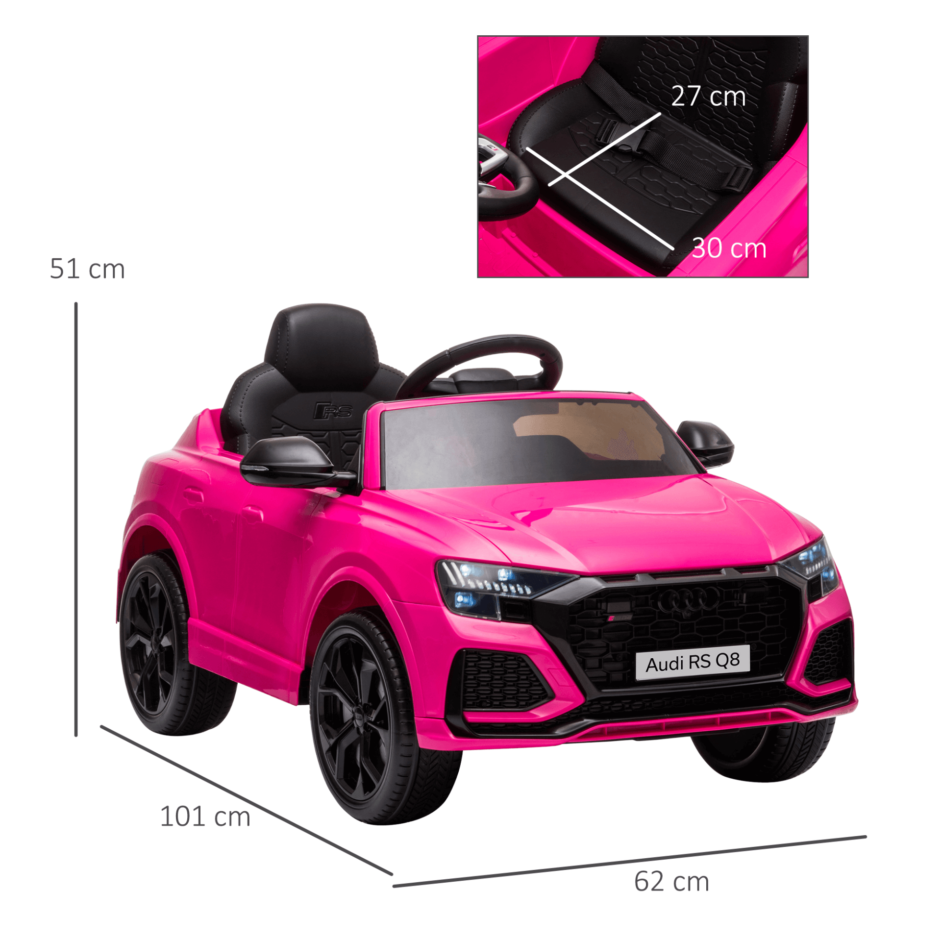 Pink Audi RS Q8 Kids Electric Car - 6V Ride On, Discover the 6V Pink Audi RS Q8 Kids Electric Ride On Car, complete with remote control, music, lights, USB, MP3 & Bluetooth for ages 3-5.