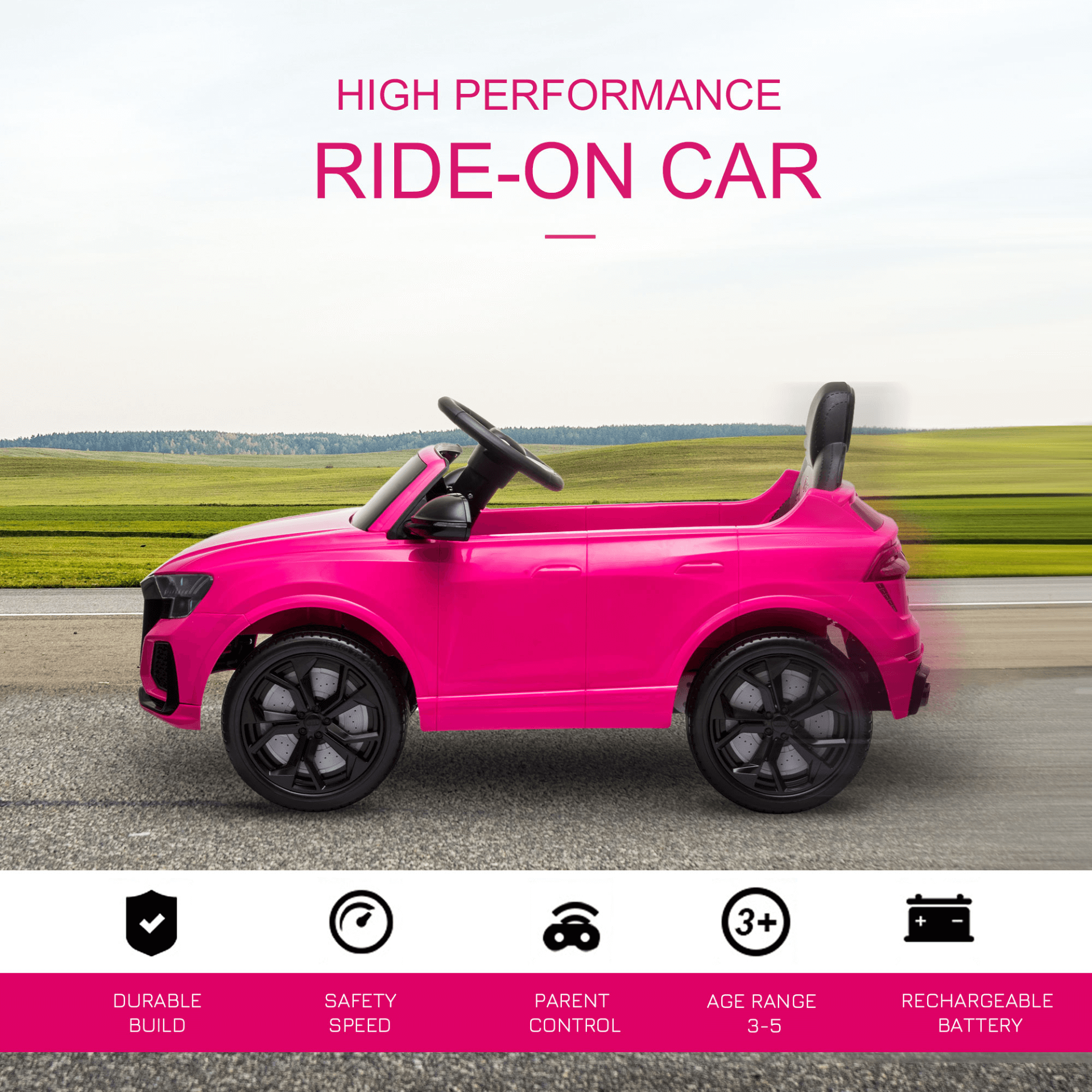 Pink Audi RS Q8 Kids Electric Car - 6V Ride On, Discover the 6V Pink Audi RS Q8 Kids Electric Ride On Car, complete with remote control, music, lights, USB, MP3 & Bluetooth for ages 3-5.