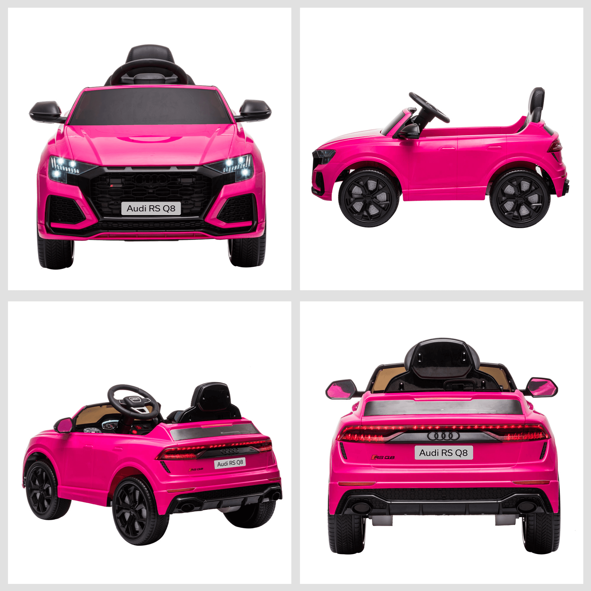 Pink Audi RS Q8 Kids Electric Car - 6V Ride On, Discover the 6V Pink Audi RS Q8 Kids Electric Ride On Car, complete with remote control, music, lights, USB, MP3 & Bluetooth for ages 3-5.