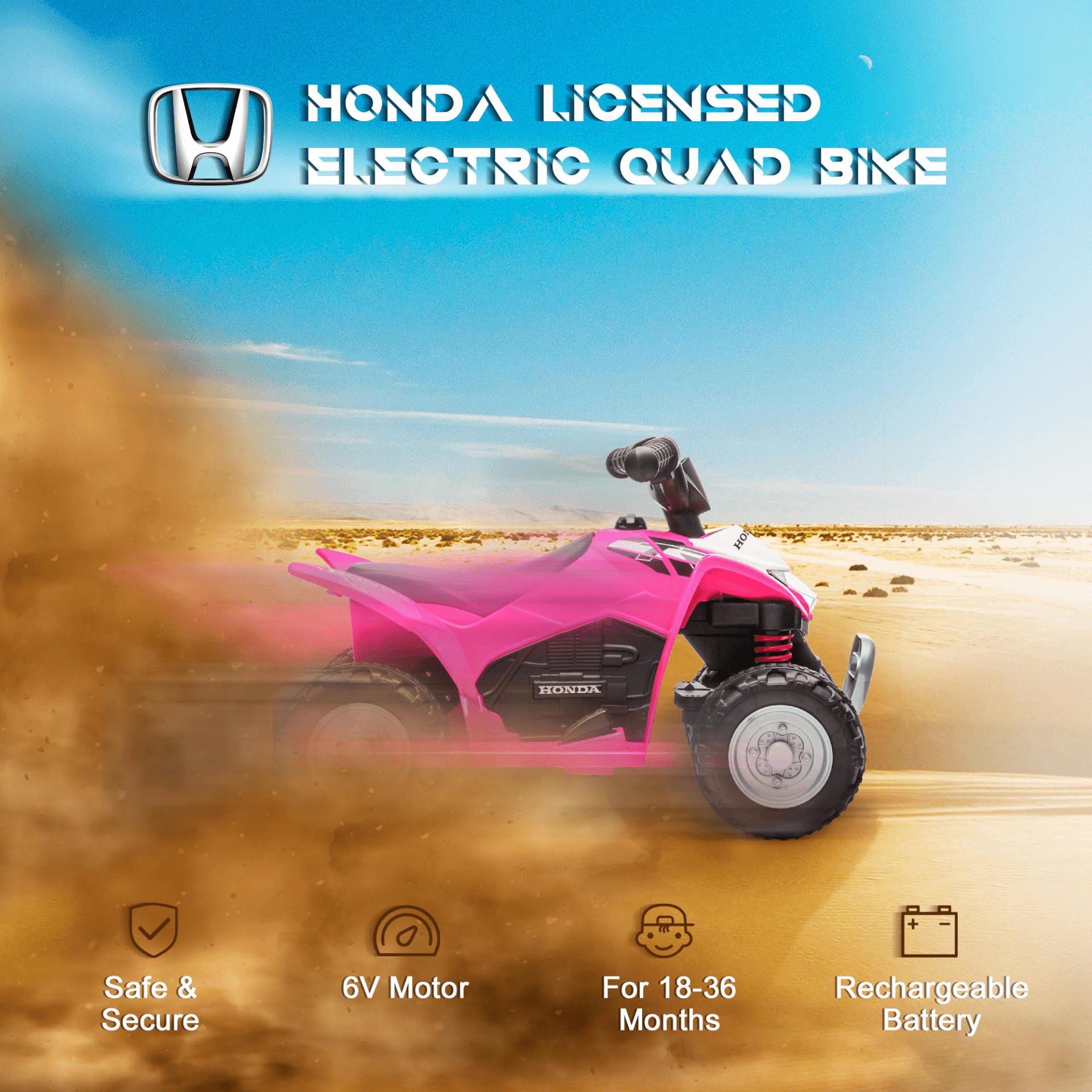 Honda Kids Quad Bike - 6V Electric ATV Toy in Pink, Discover the Honda Licensed Kids Quad Bike in Pink. Safe and fun 6V ride-on ATV toy for toddlers aged 1.5-3 years. Perfect for outdoor adventures!