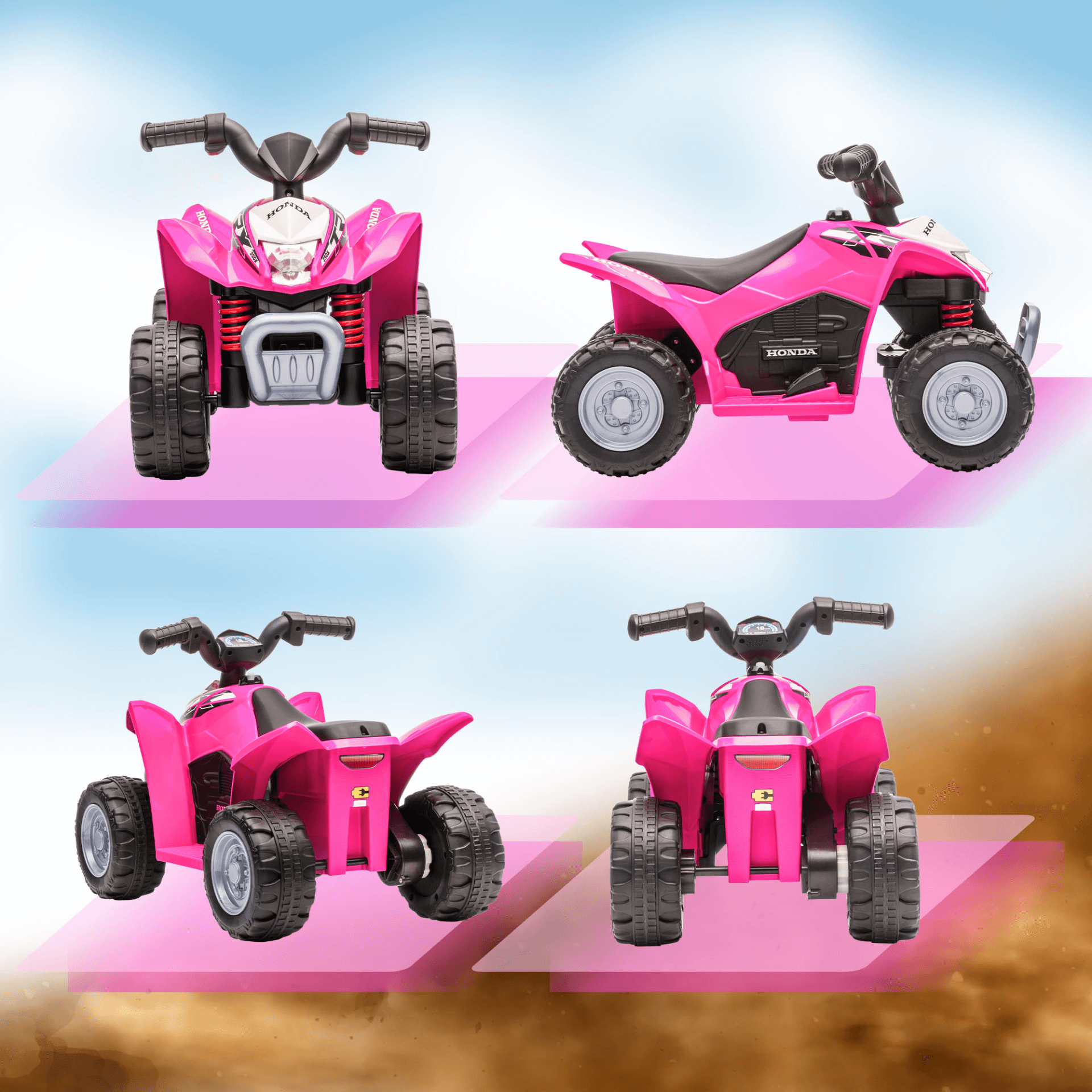 Honda Kids Quad Bike - 6V Electric ATV Toy in Pink, Discover the Honda Licensed Kids Quad Bike in Pink. Safe and fun 6V ride-on ATV toy for toddlers aged 1.5-3 years. Perfect for outdoor adventures!