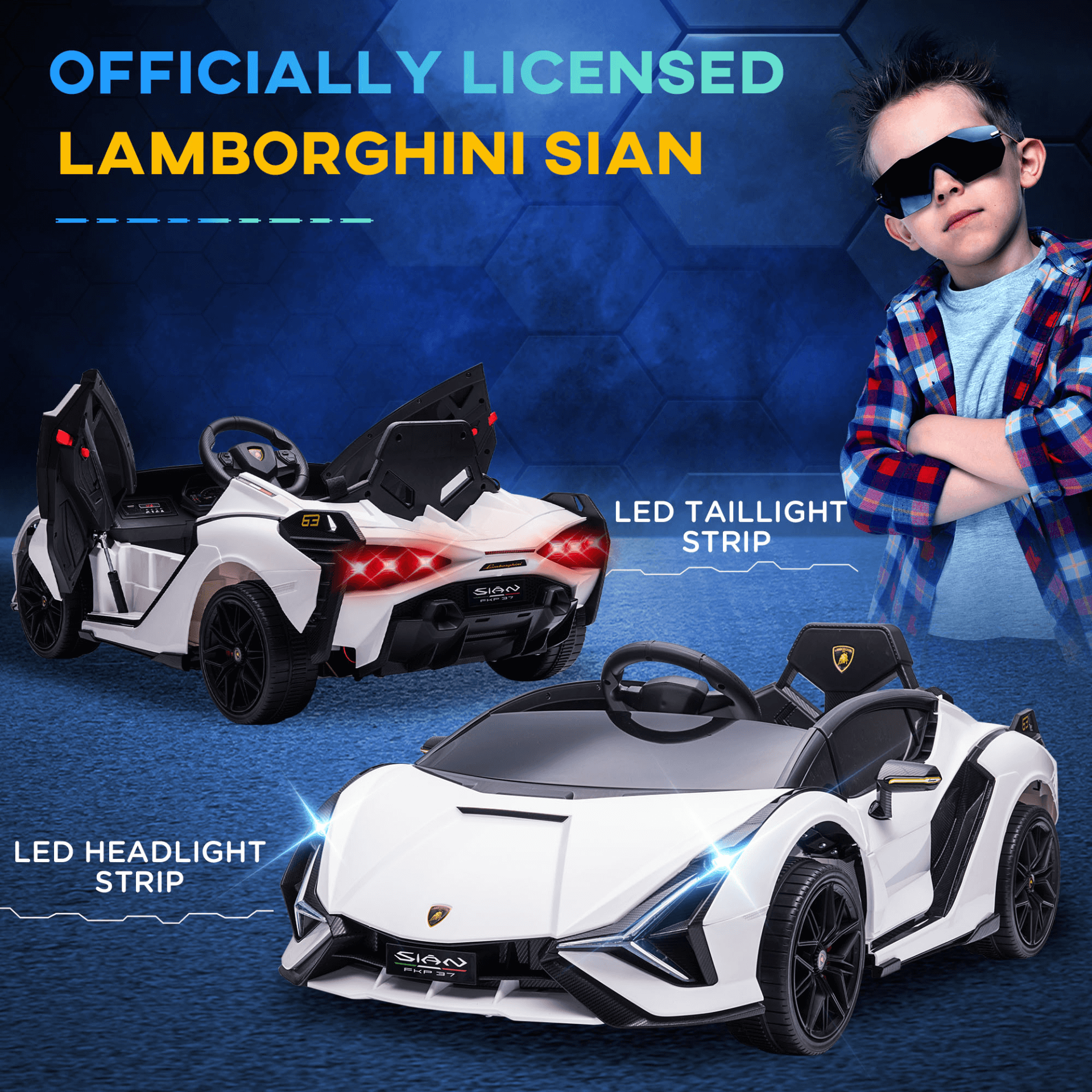 12V Licensed Lamborghini Sian Kids Electric Car, Discover the thrill of the 12V Lamborghini Sian Kids Electric Car. Dual motors, remote control, and LED lights ensure an exciting, immersive experience.