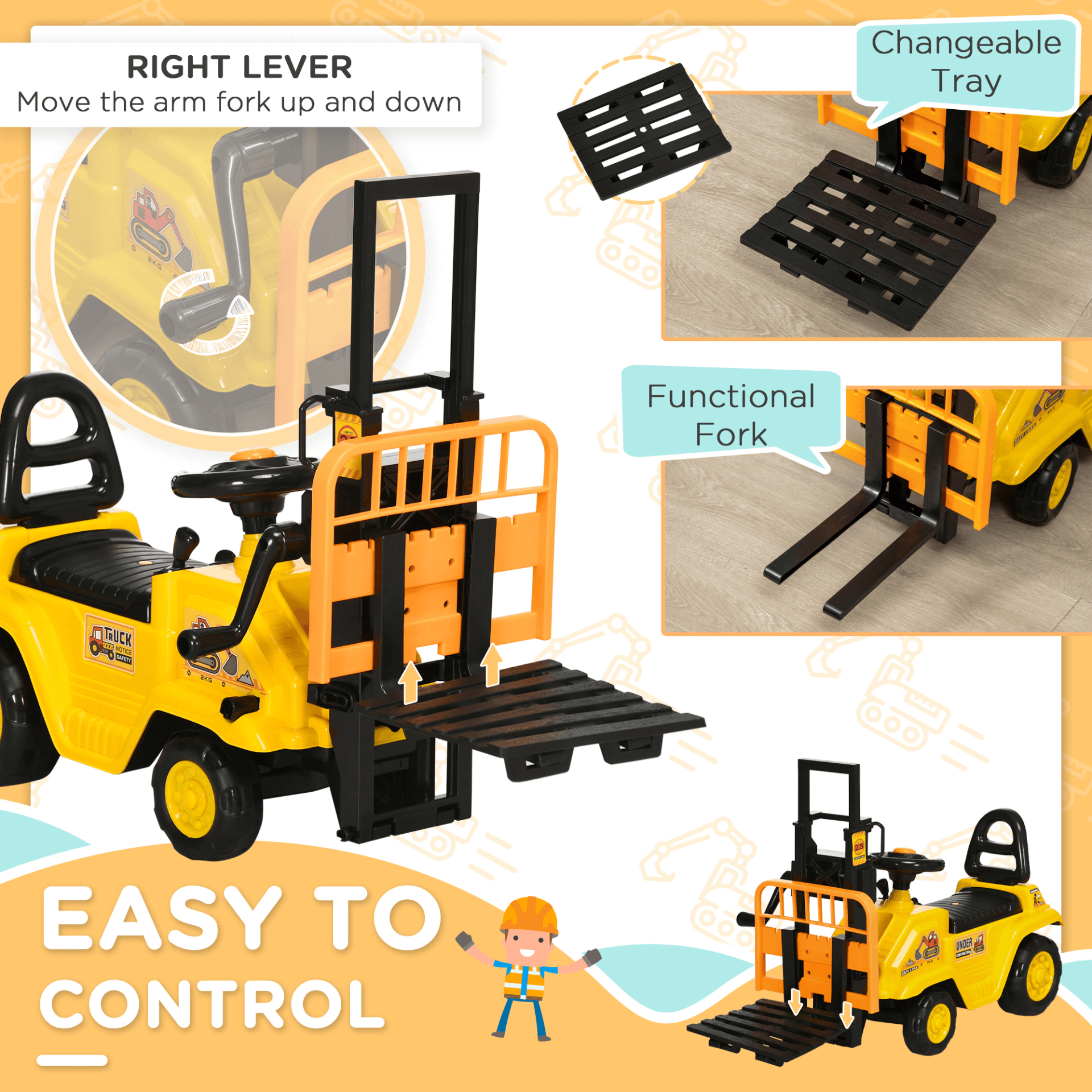 HOMCOM Kids Forklift Truck Toy for 3-4 Year Olds, Ignite your child's creativity with the HOMCOM Ride-On Forklift—featuring realistic sounds and functional fork for endless fun!