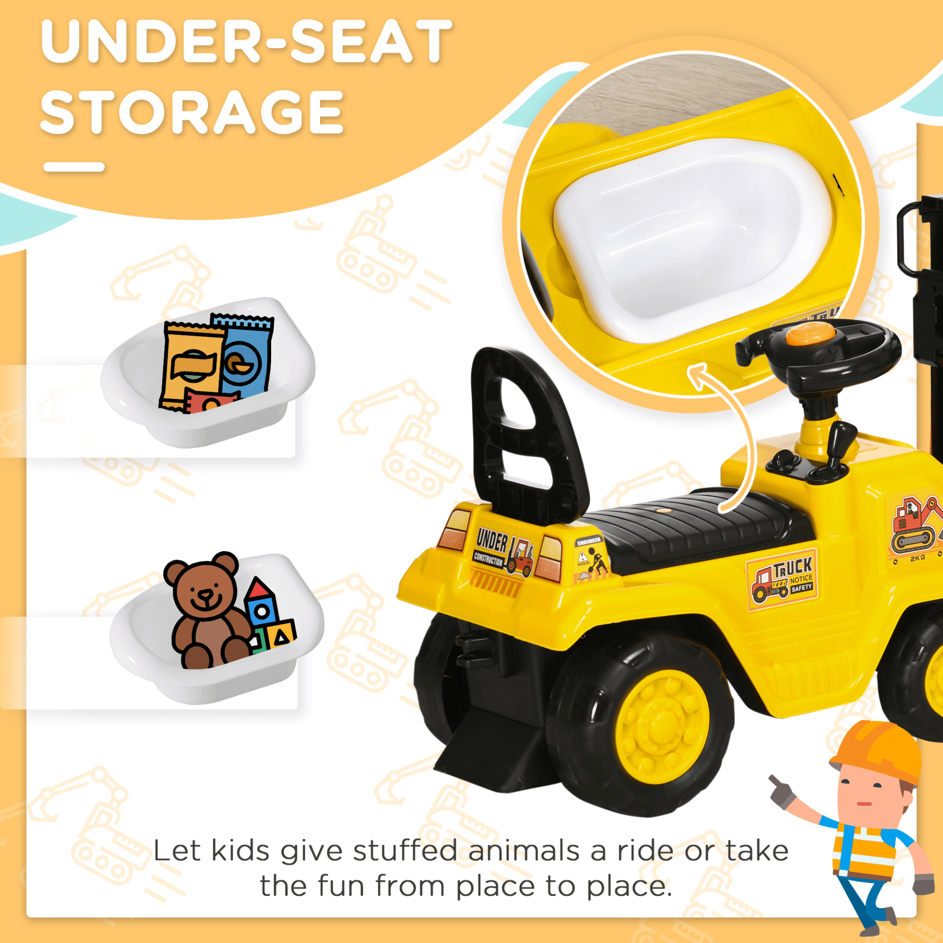 HOMCOM Kids Forklift Truck Toy for 3-4 Year Olds, Ignite your child's creativity with the HOMCOM Ride-On Forklift—featuring realistic sounds and functional fork for endless fun!