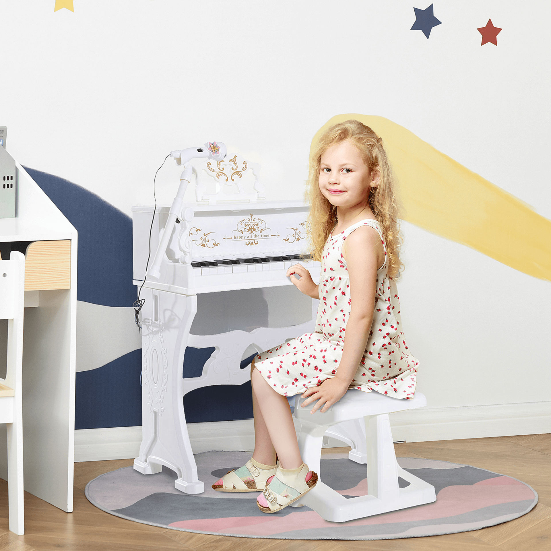 37 Keys Kids Piano with Microphone & Stool, Spark your child's musical talents with the HOMCOM 37 Keys Kids Piano. Includes a microphone and stool for endless fun and learning. Perfect for little hands.