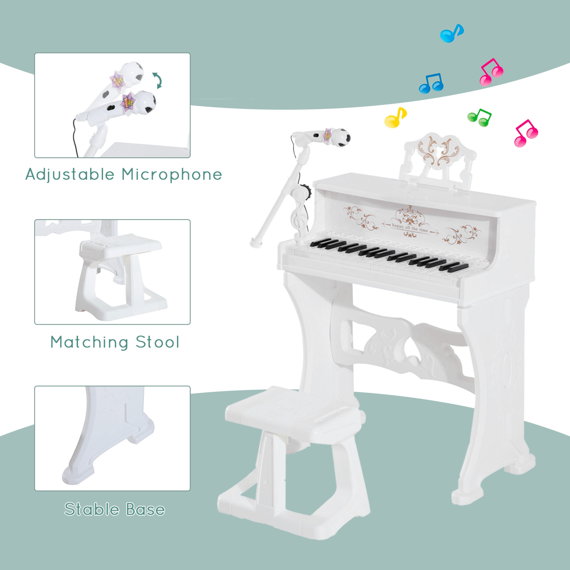 37 Keys Kids Piano with Microphone & Stool, Spark your child's musical talents with the HOMCOM 37 Keys Kids Piano. Includes a microphone and stool for endless fun and learning. Perfect for little hands.