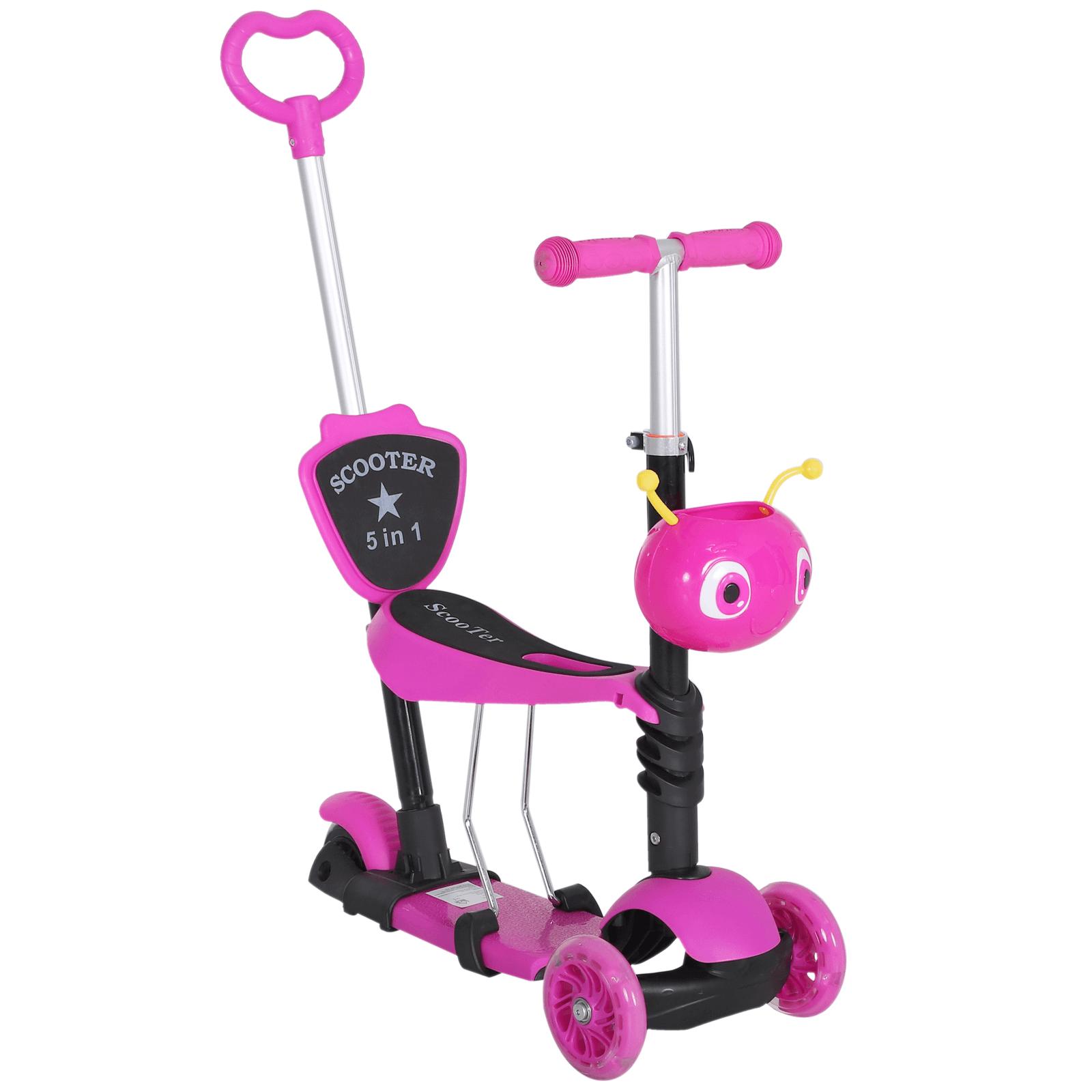 5-in-1 Kids Toddler Scooter - Pink, Adjustable & Durable, Transforming scooter with removable seat, adjustable height, and 3 wheels for kids aged 1-8. Enjoy versatile rides with lean-to-steer fun!