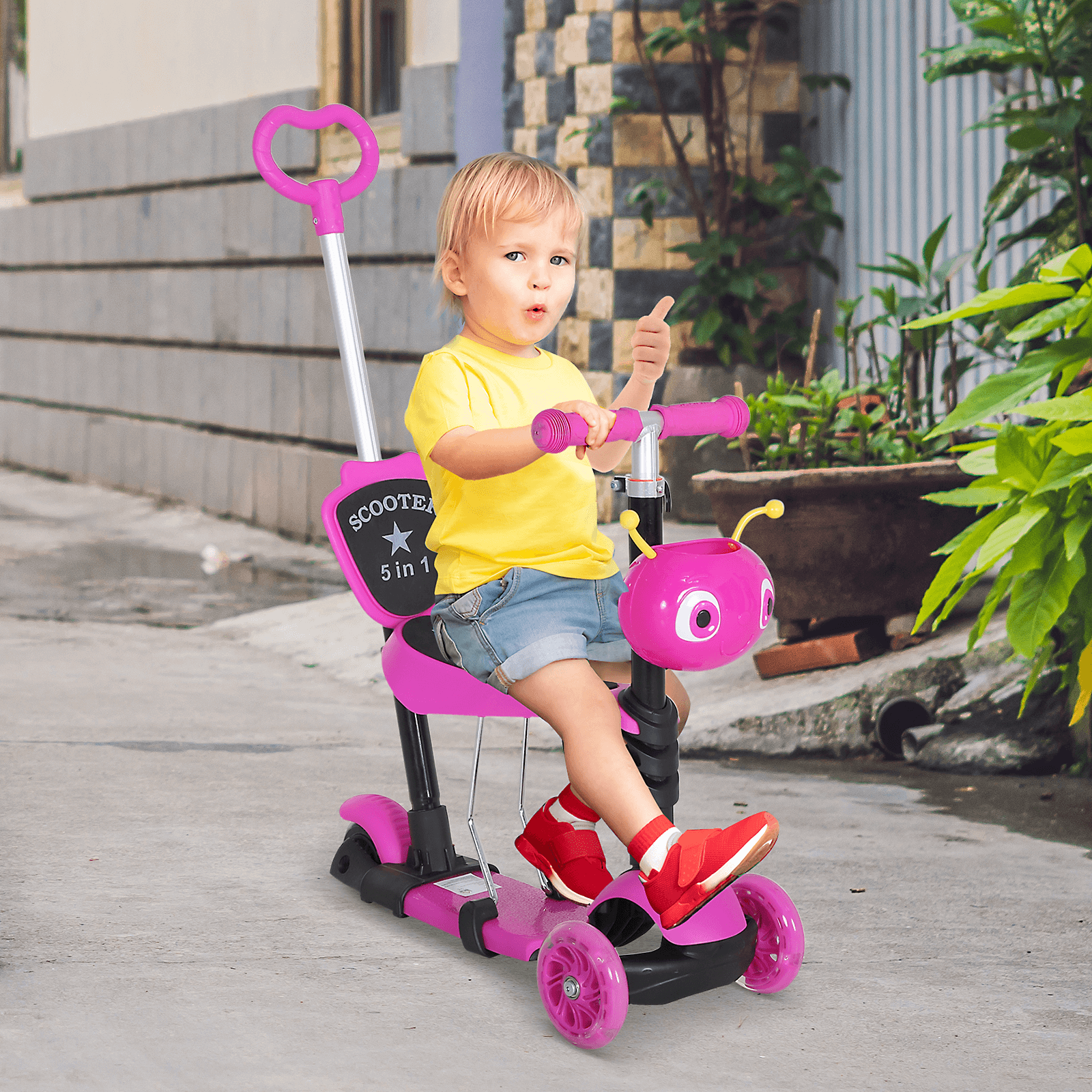 5-in-1 Kids Toddler Scooter - Pink, Adjustable & Durable, Transforming scooter with removable seat, adjustable height, and 3 wheels for kids aged 1-8. Enjoy versatile rides with lean-to-steer fun!